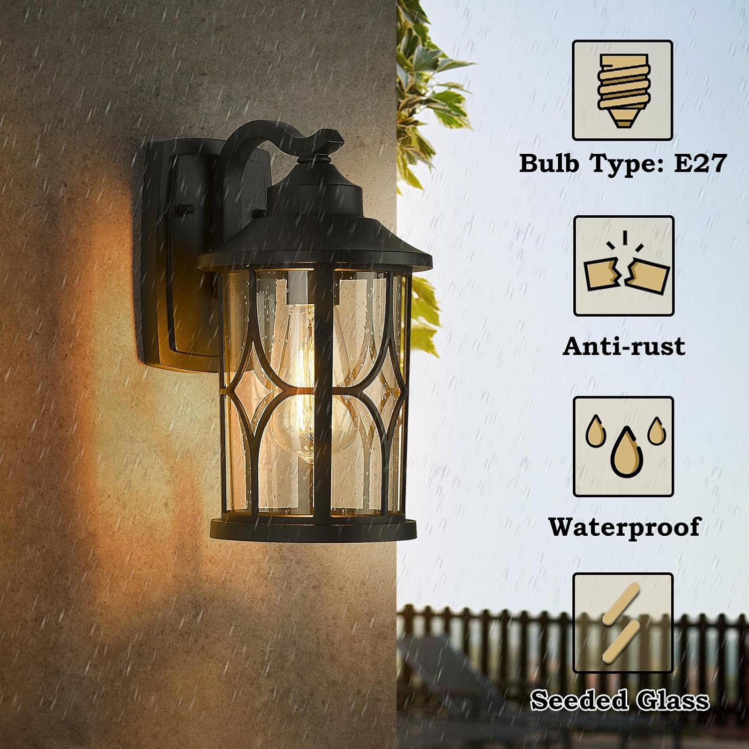 EMLIVIAR Farmhouse Outdoor Wall Lantern - 12 Inch Exterior Wall Sconce, Cast Aluminum with Seeded Glass, Black Finish, AUX04B BK image number 1