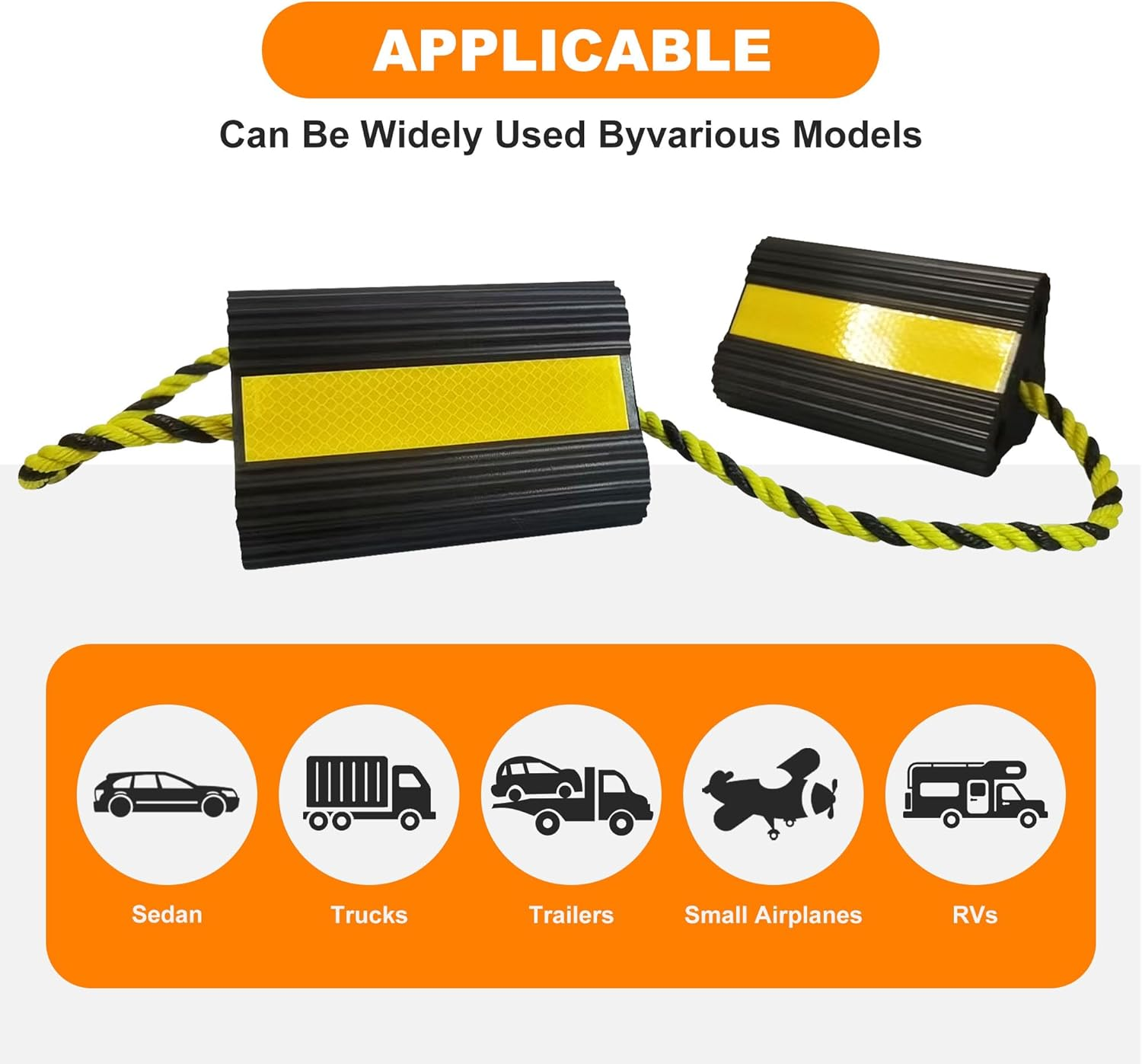 Wheel Chocks [1Pair/2Pack with Rope] for RV Trailer Camper Truck Car, Heavy Duty Rubber Tire Block with Reflective Strips, Non-Slip Base, Camper RV Accessories