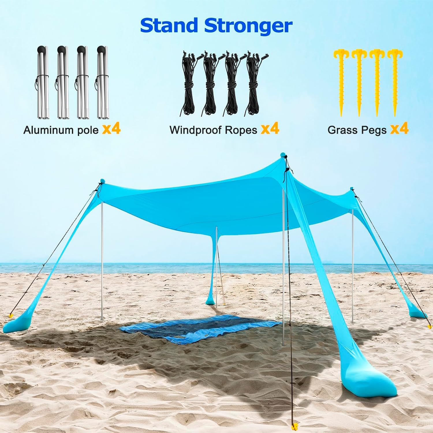 Beach Tent, Camping Sun Shelter with UPF50+ Protection, Sand Shovels, Ground Pegs and 4 Stability Poles, Outdoor Pop up Beach Shade Canopy, Backyard or Picnics (300 * 300 * 200Cm) image number 2