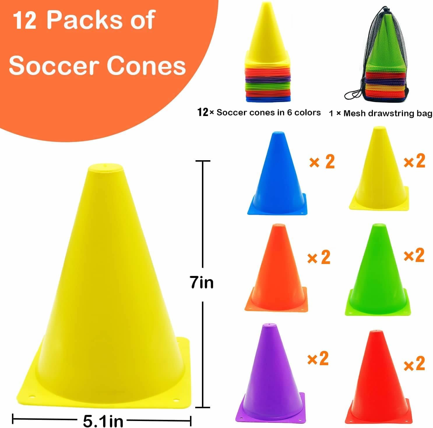 Cones Sports Set, 12Pcs Soccer Cones 7" / 9" with 30Pcs Disc Cones, Agility Soccer Cones with Carry Bag, Agility Field Marker, Soccer Cones for Training Kids, Plastic Soccer Cones for Drills image number 1