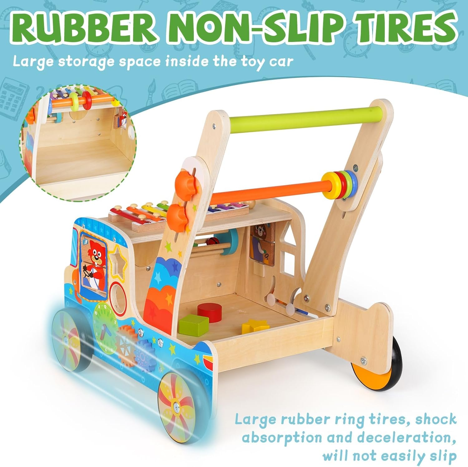 Wooden Baby Walker, 2025 Montessori Walker Toy with Shape Sorter,Push and Pull Learning Activity Walker with Wheels,Learning Walking Toys for Toddlers from Sitting to Standing image number 6