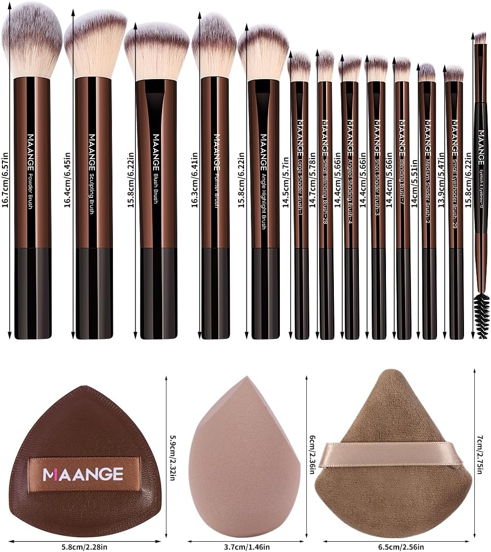 MAANGE 16PCS Makeup Brush Set Travel Makeup Brushes for Liquid Powder Contour Concealer Cream Cosmetics Blending Eyeshadow Eyeliner (Coffee) image number 2