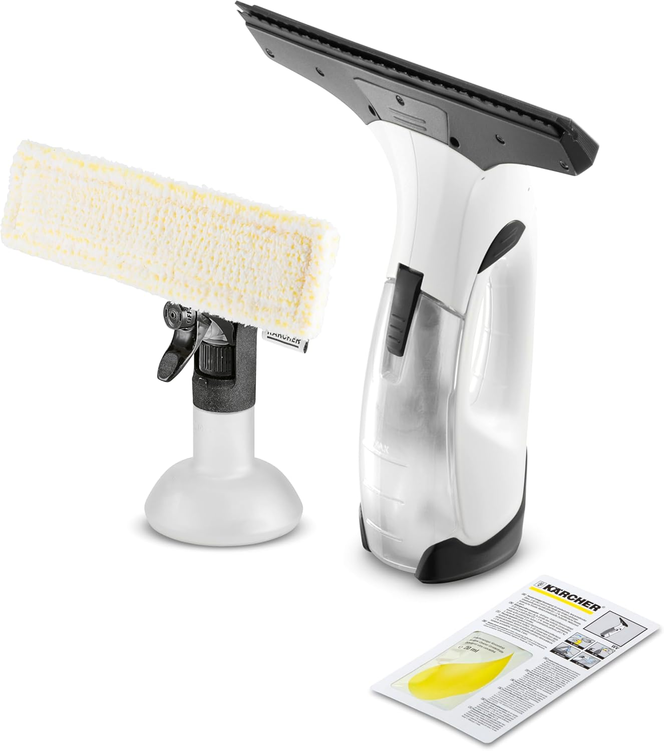 K&auml;rcher Cordless Window Vac WV 2, White with Spray Bottle/Microfibre Cloth, Run Time: 30 Min, 280Mm Nozzle, Weight: 0.6 Kg, Cleaning Area Approx 75M&sup2;