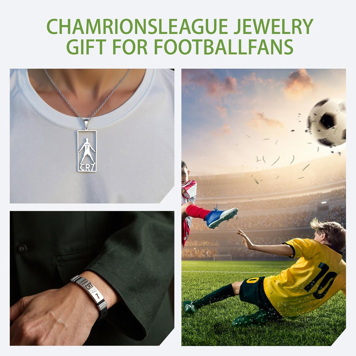 2Pcs Charm Bracelets, World Cup Cristiano Ronaldo No. 7 Football Stainless Steel Pendant Bracelet, Football Bracelet Pendant Necklace Set, Adjustable Souvenir for Male Fans image number 4