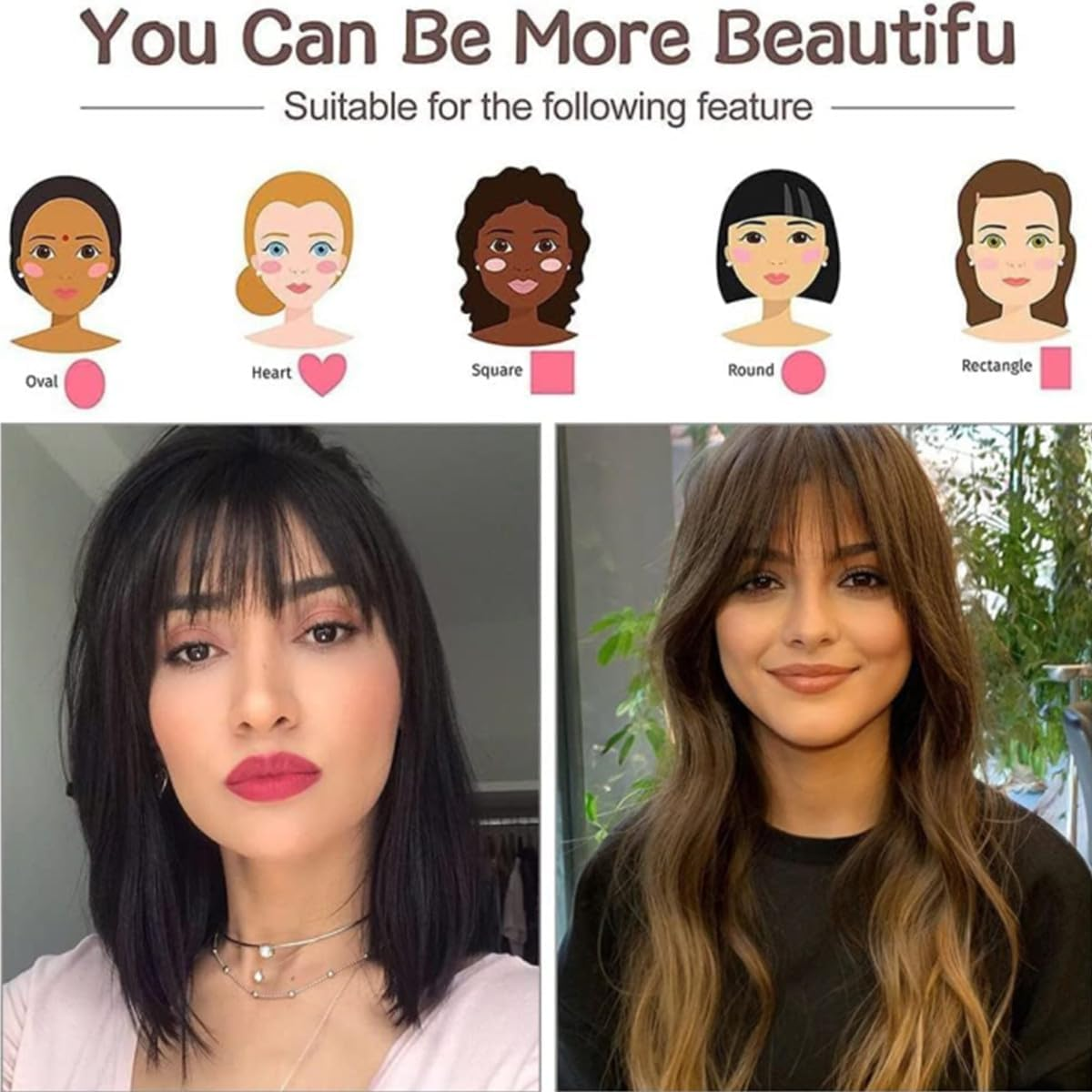 Bessy Shop Clip-In Bangs, Pack of 2 Fringe, Clip-In Fringe, Real Hair Extensions, Pony Hair Extensions, Flat Fringe with Temples, Natural Black and Light Brown image number 2