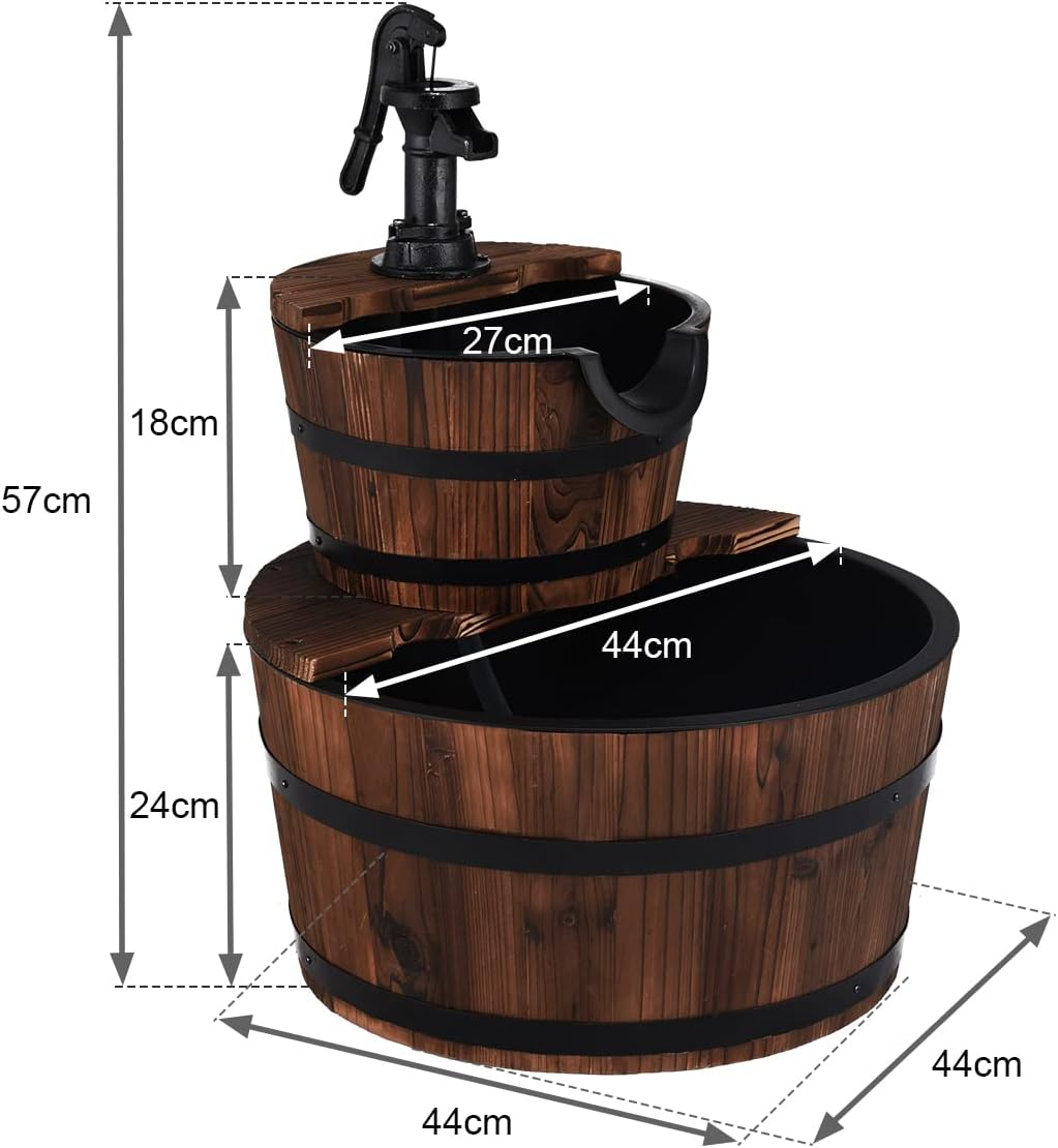 Costway 2 Tier Barrel Waterfall Fountain Barrel Wooden Water Fountain Pump Garden Patio