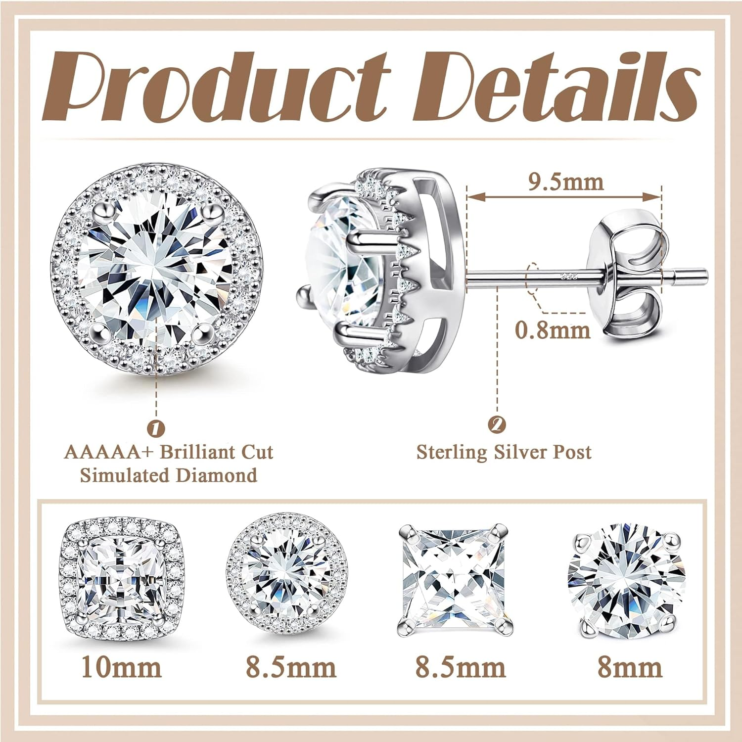 Kakonia Cubic Zirconia Stud Earrings 18K White Gold Hypoallergenic Sterling Silver Post Earrings Brilliant Large Simulated Diamond Halo Stud Earrings for Women Men image number 3