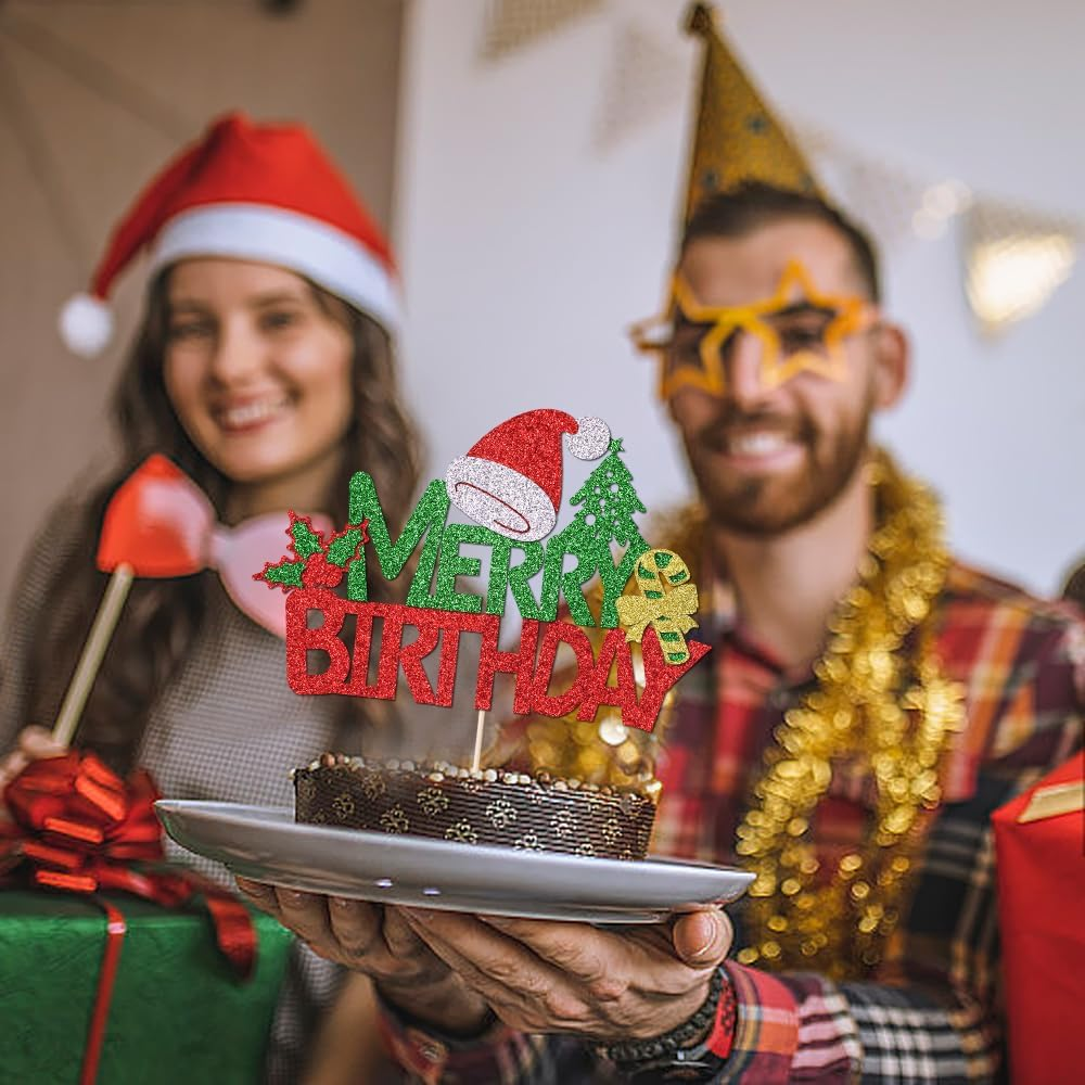 Merry Birthday Cake Topper,New Year Christmas Holiday Party Supplies,Red & Green Glitter Christmas Cake Decorations，Winter Holiday Cake Picks-Christmas Birthday Party Supplies(Birthday 2) - Birthday 2 image number 4