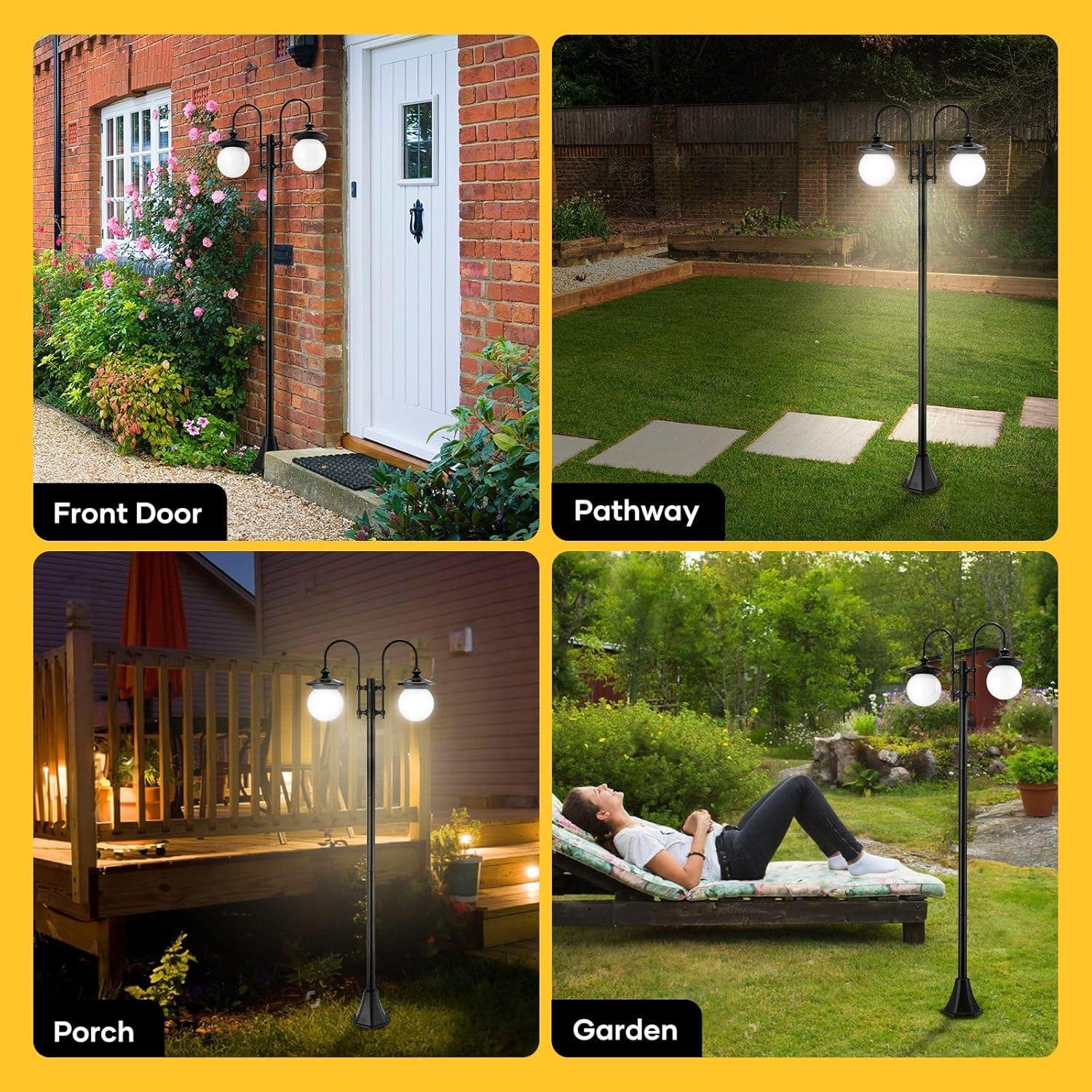 182Cm Solar Outdoor Post Light, IP44 Waterproof Heavy-Duty Aluminum Pole Lights with 2Pcs Globe Shade for Street Garden Pathway Security Pole Lamp Yard Driveway Patio image number 3