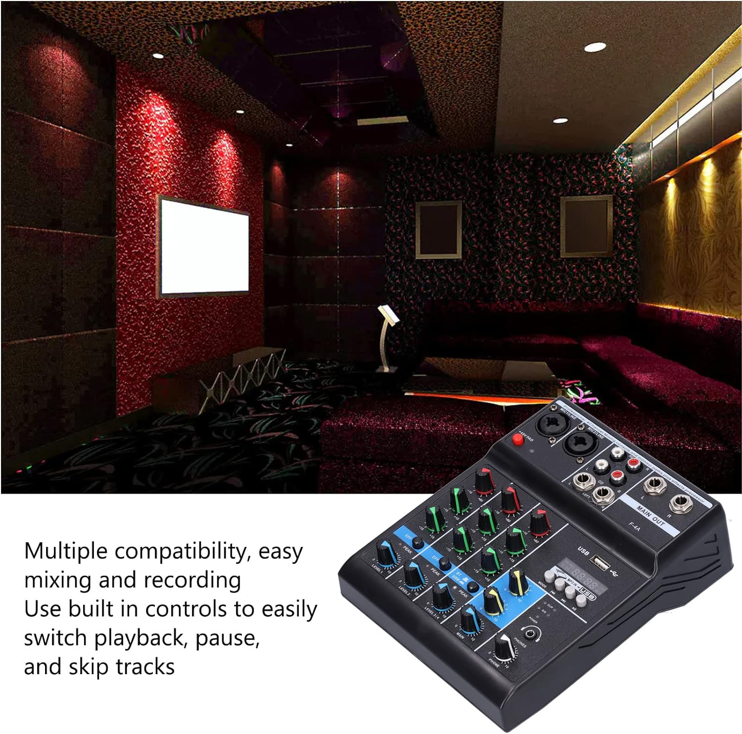F4A Audio Live Mixer USB Interface Audio Mixer 4 Channel, Stereo DJ Sound Controller for Home Karaoke, USB Live Stage KTV, Soundcard for PC Recording image number 4