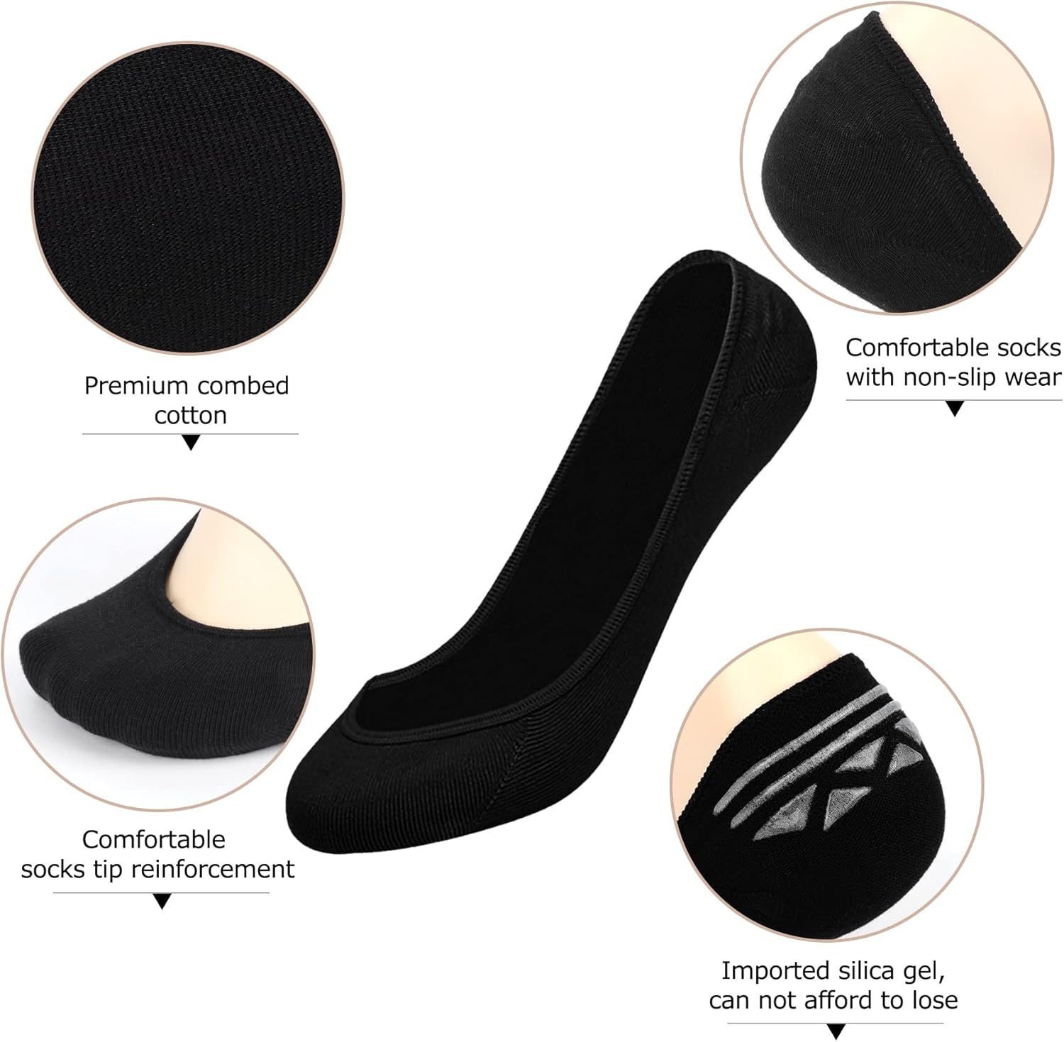 Women No Show Socks - 6 Pairs Non Slip Lace Invisible, Lace Women Shoe Liners Ladies Ultra Low Cut Liner Lace Boat Socks for Sneakers High-Heel Shoes - Black Invisible image number 6