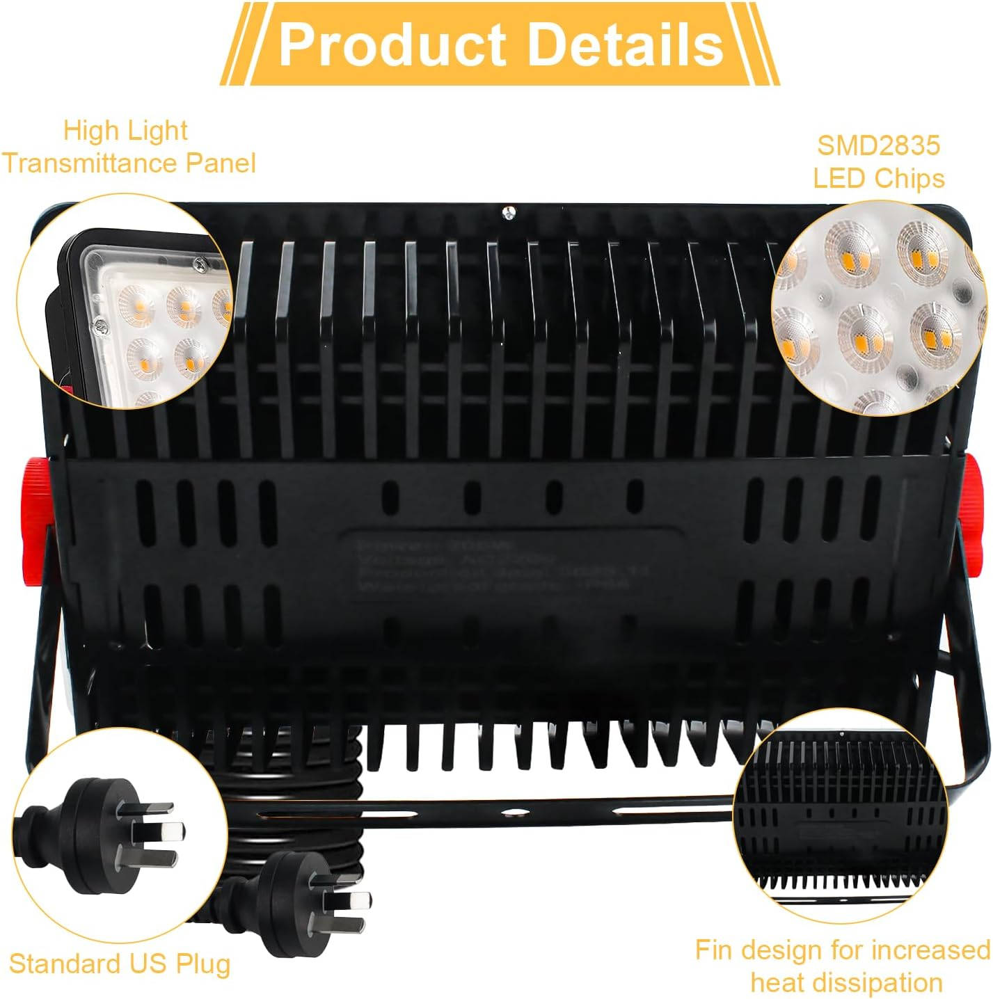 2 Pack 200W LED Flood Light 3000K Warm White, outside Flood Light, Plug in Floodlight, 18000LM Super Bright Outdoor Security Lights, IP66 Waterproof Floodlights for Yard, Garage, Garden, Lawn