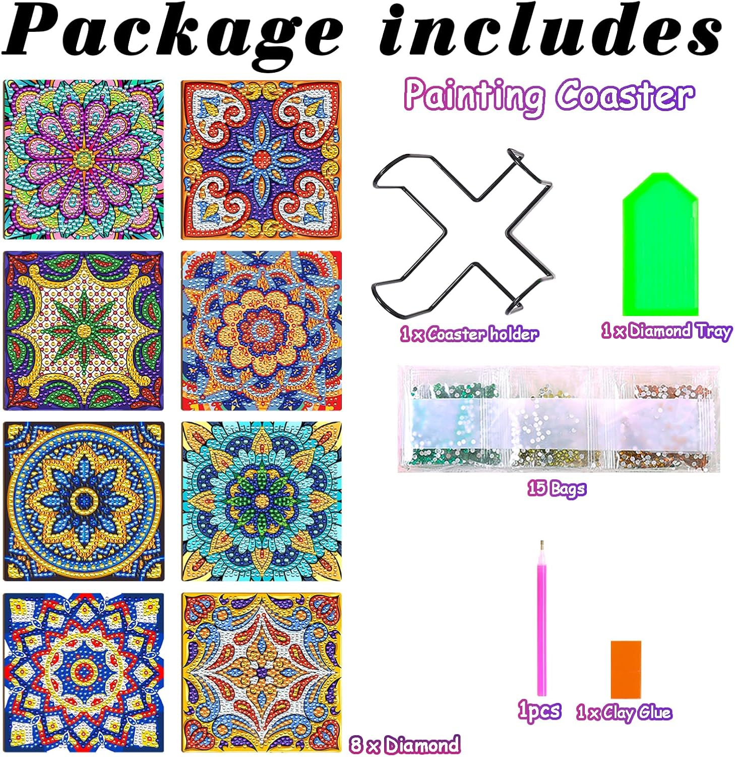 8 Pcs Diamond Paintings Coasters with Holder Small Diamond Art Painting Kits 5D DIY Diamond Paintings Kit Coaster for Adults Beginners Kids Drinks Craft Supplies Home Decor Present image number 2