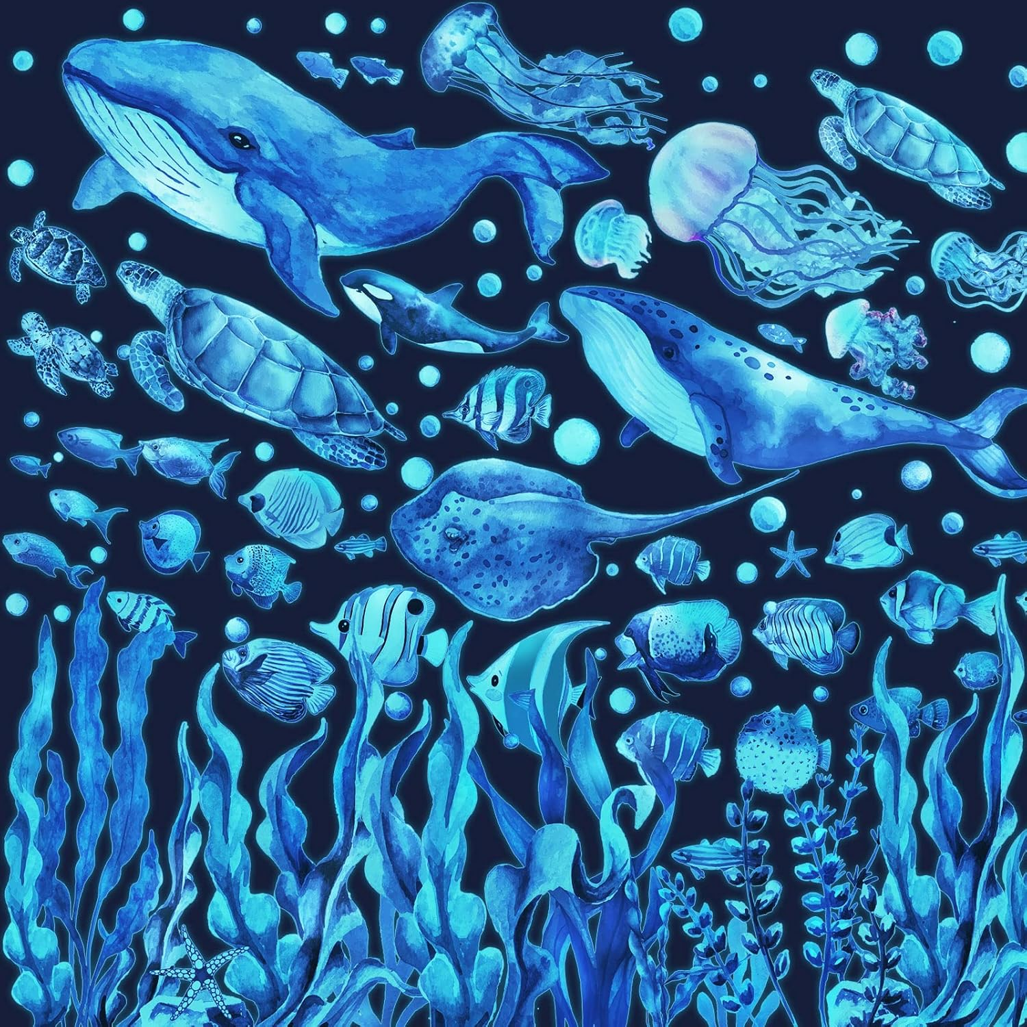 Glow in the Dark under the Sea Wall Decals Glowing Ocean World Themed Wall Stickers Sea Turtle Seaweed Jellyfish Removable Wall Decor for Bathroom Bedroom Nursery Toddler Kids Boys Girls Room image number 5