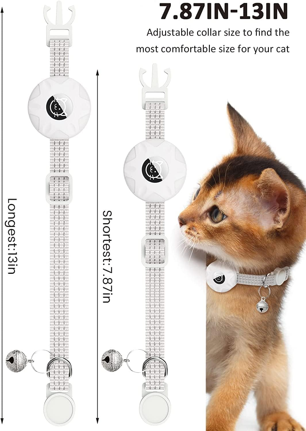 Airtag Cat Collar, Reflective Kitten Collar Breakaway Apple Air Tag Cat Collar with Waterproof Airtag Holder Compatible and Bell, Lightweight Tracker Cat Collars for Cat Dog Kitten Pupp(White) image number 1