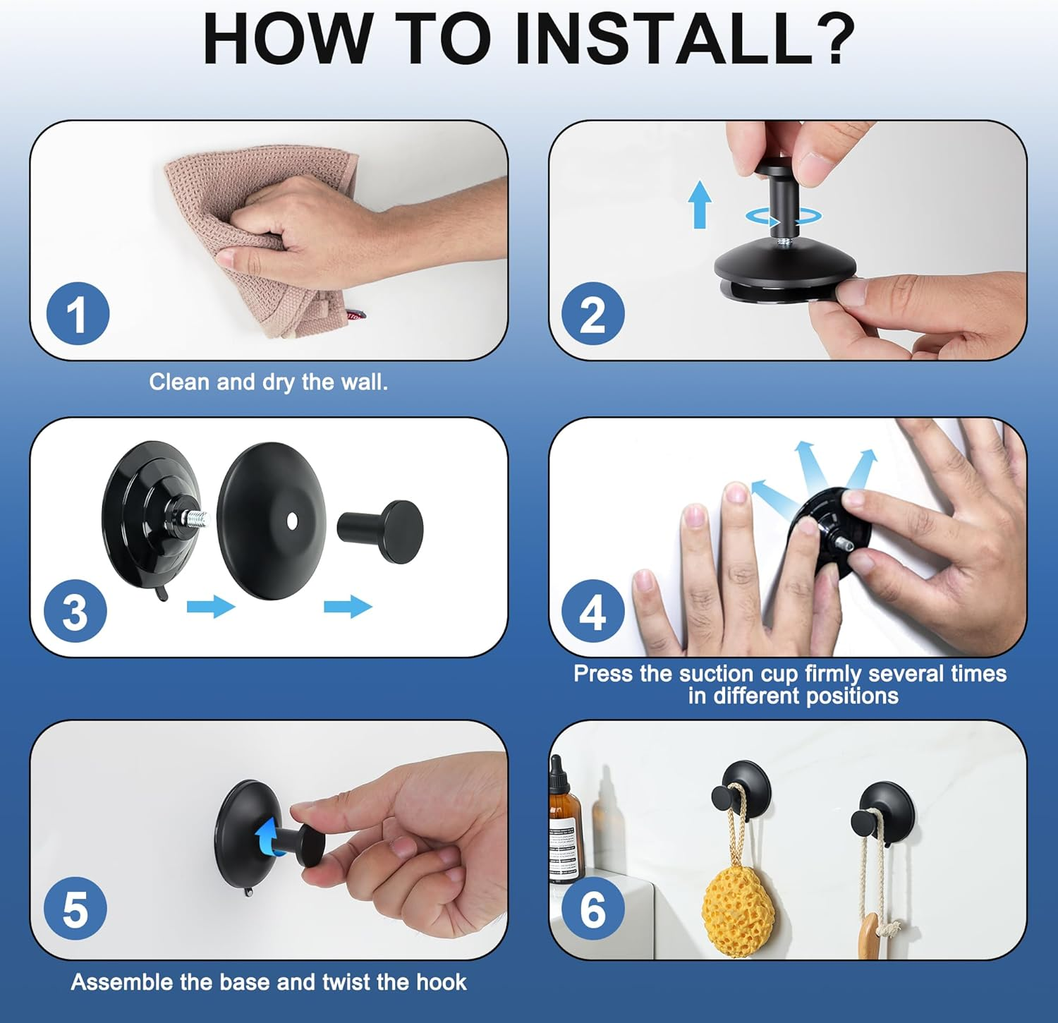 SAYAYO Suction Cup Hooks for Shower, 2Pcs Black Suction Towel Hook for Glass Window, SUS 304 Stainless Steel Bathroom Hooks for Glass Door, Mirror, Tile - Brushed image number 5