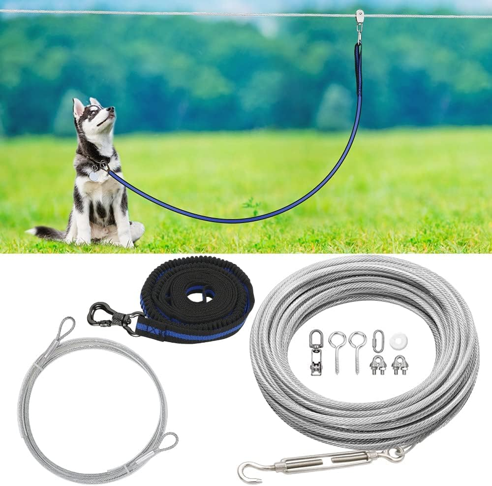 Xiaz Dog Tie Out Cable, 100Ft Dog Trolley Runner Cable for Dogs up to 250Lbs, Dog Lead for Yard, Camping, Outdoor, with 8 Ft Nylon Bungee Runner, Cable Sling to Protect Trees image number 3