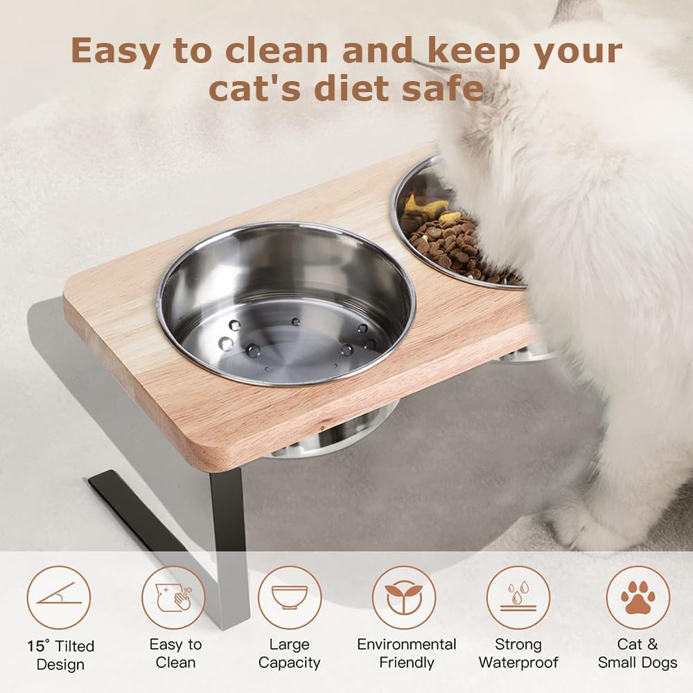 Elevated Cat Bowls with 2 Holder, Portable Pet Bowl Holder, Pet Bowls Stand, Raised Food Feeding Dishes, Bowl Holder Suitable for Medium Large Animals (Wood, 30&times;15&times;16 CM) image number 4
