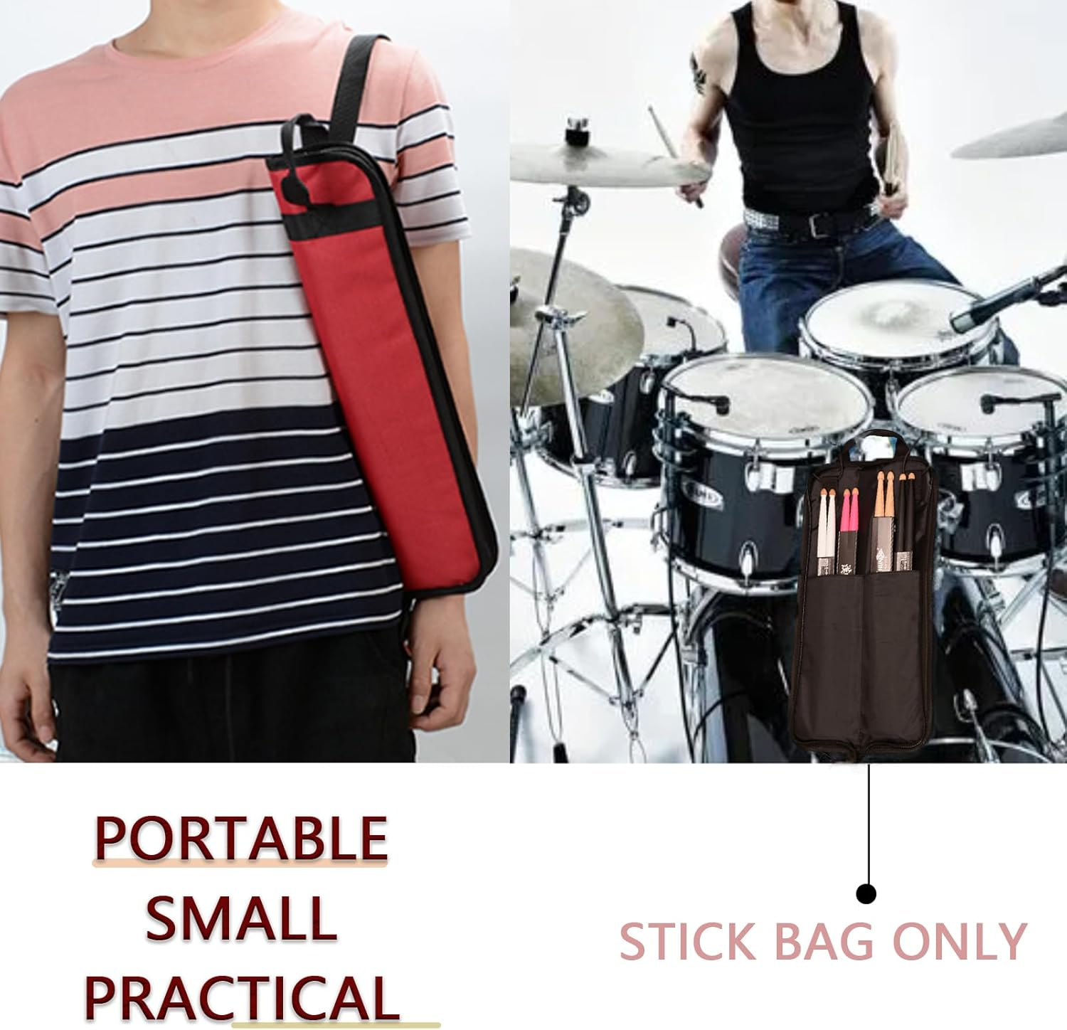 Portable Drumstick Storage Case, Small Hanging Holder with Hooks inside for Drum Set Mallet and Percussion Sticks - Red image number 5