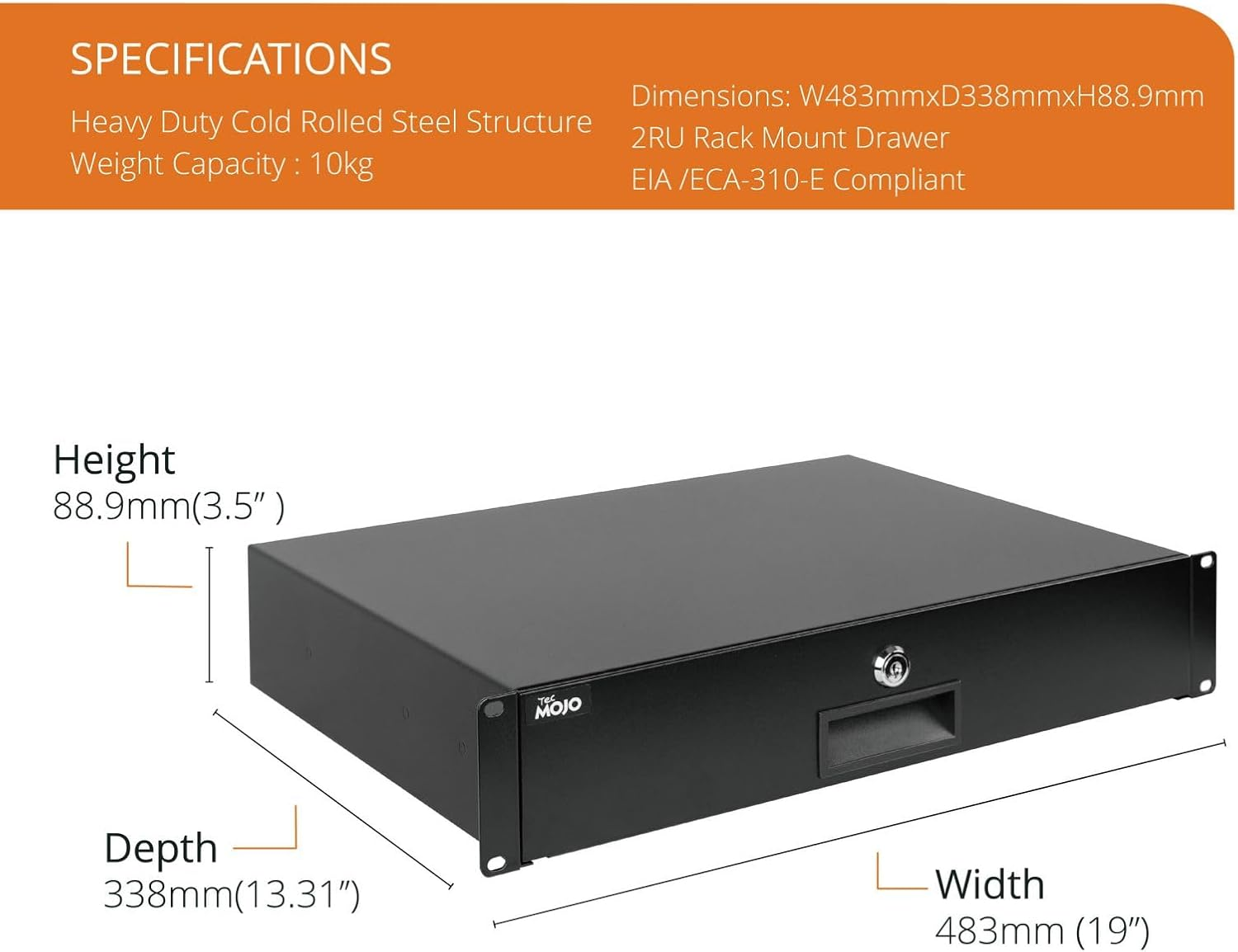Tecmojo 2RU Rack Drawer, Sliding and Lockable Rack Mount Drawer for 19 Inches Network Equipment/Server/Av Rack or Cabinets Enclosure, Load-Bearing 10Kg, with Cable Management Holes, Black image number 6