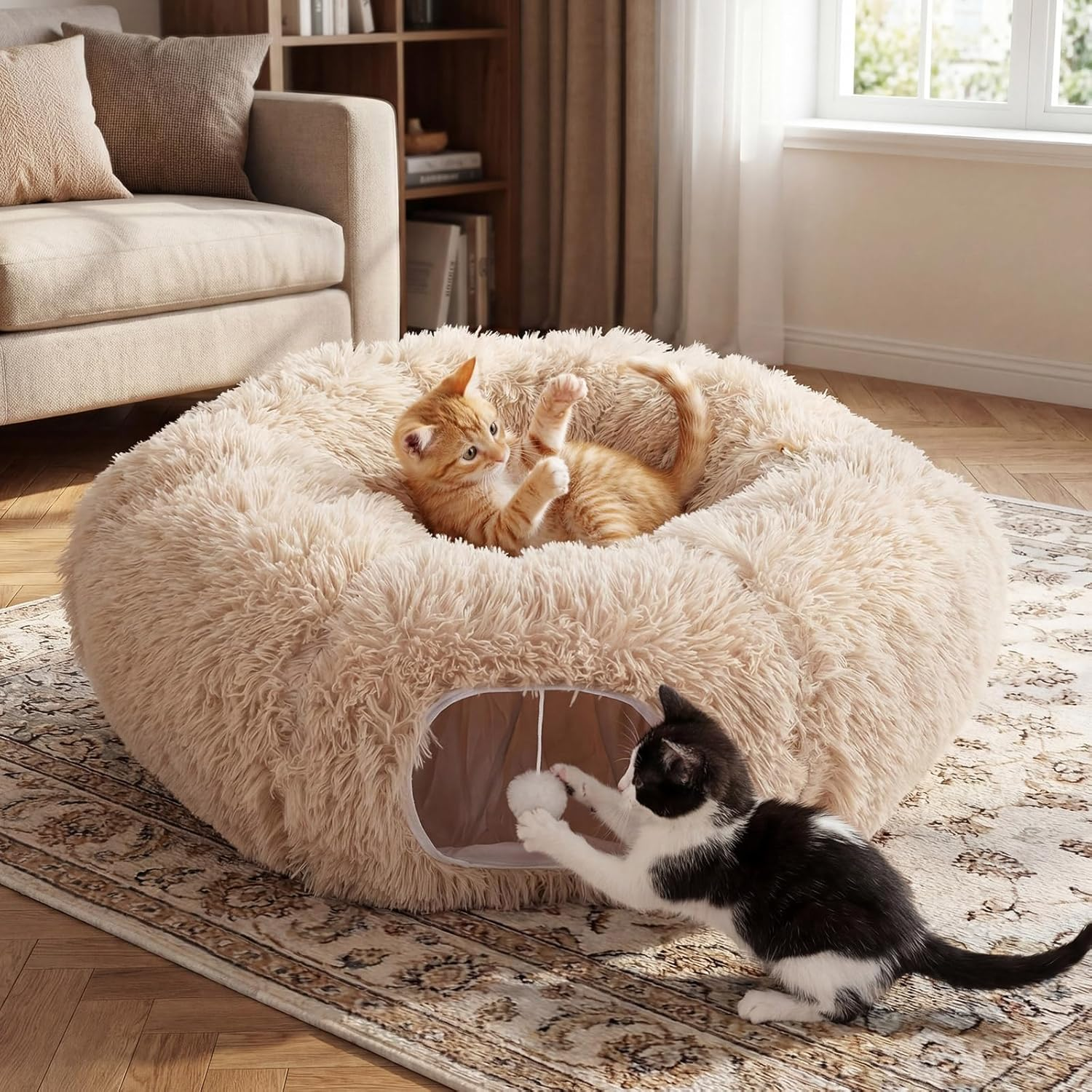 Siltriangle Cat Tunnel Christmas Tree Skirt Large Soft Plush Tunnel Bed under Christmas Tree for Indoor Cats 36" Circle Donut Tube Bed with Central Mat for Cat Puppy Rabbit Kitten Xmas Gifts(Beige)