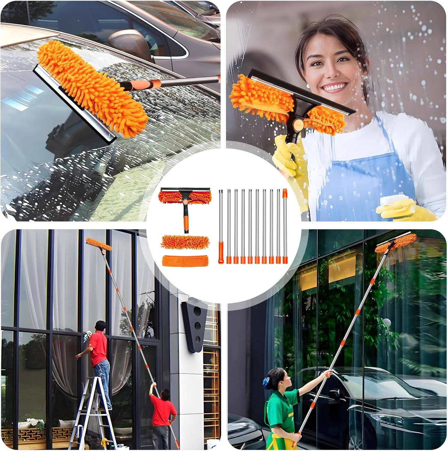 4.5 M Window Cleaner with Telescopic Rod, 2-In-1 Rotating Window Cleaning Tool Set, Window Cleaning Set with Silicone Window Squeegee and Microfibre Window Wiper image number 4