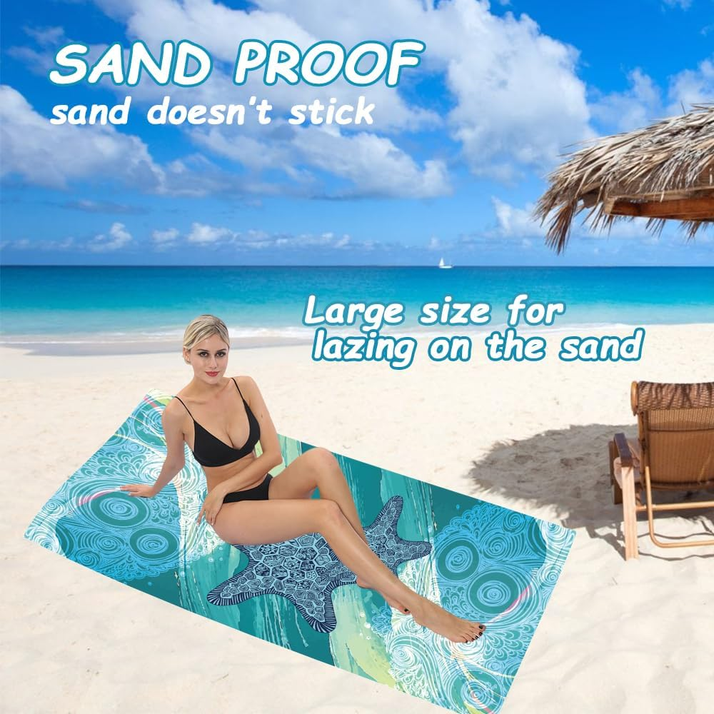 Bongu Beach Towel Sand Free 180X90Cm 2 Pack with Travel Bag, Quick Dry Pool Towels Oversized Travel Towel Lightweight for Beach Party, Pool,Baths Large Towels (Starfish & Flowers) - Seahorse  Baracoa image number 6
