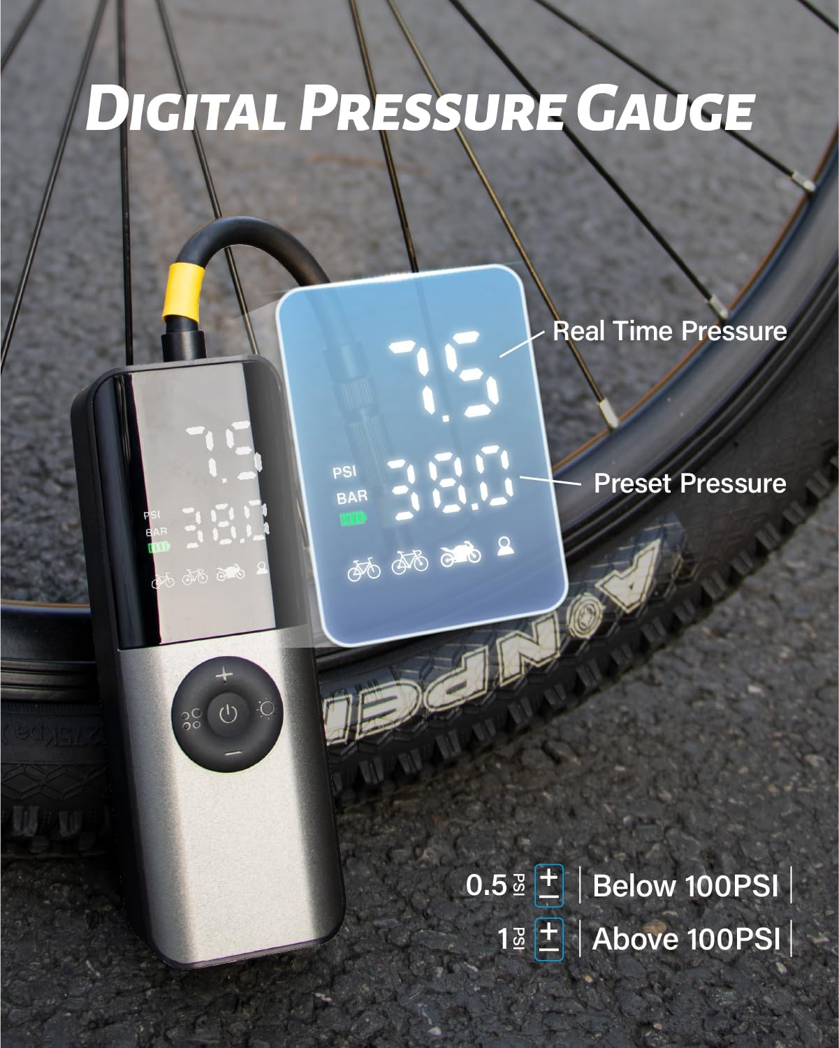 Electric Air Pump: 150Psi Portable Bicycle Tire Inflator with Digital Pressure Gauge for Road, Mountain, E-Bike, Motorcycle - Presta, Schrader, Dunlop Valve Accessories image number 3