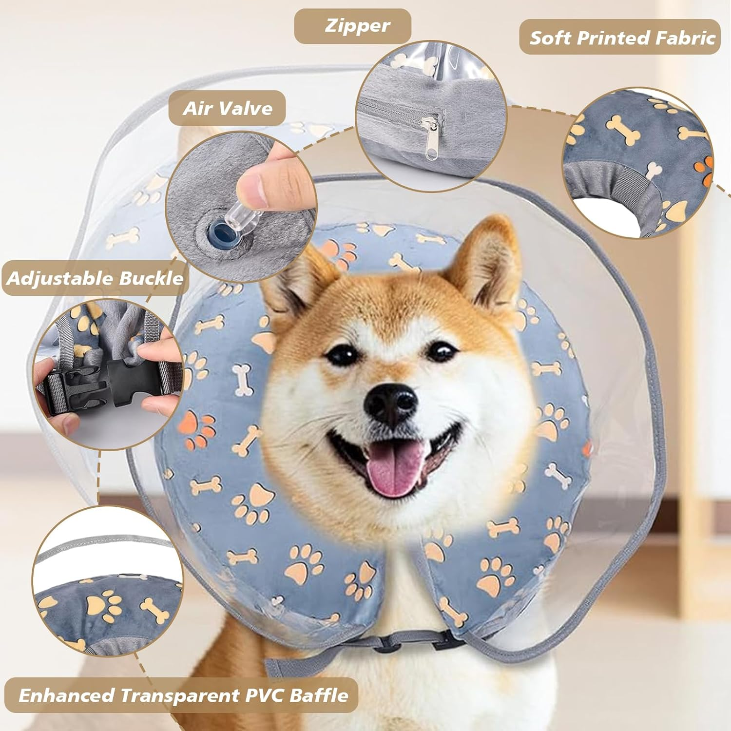 Inflatable Dog Cone Collar - Soft & Comfortable Collar for Small/Medium Dogs, Adjustable Donut Collar to Prevent Licking Wounds & Stitches, Cute Pattern Pet Surgery Protection (Grey, S) image number 1