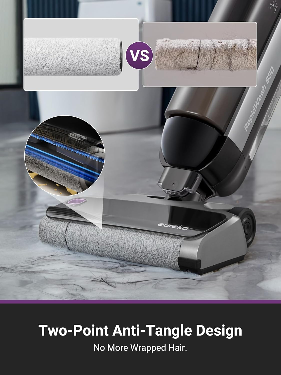 EUREKA Rapidwash NEW630 Cordless Wet Dry Vacuum Cleaner, 21600Pa Smart Hard Floor Washer with 170&deg; Lay-Flat, 60℃ Hot Air Flash Drying, Self-Cleaning, Edge Clean, Messes Detection, Tangle-Free Design image number 6