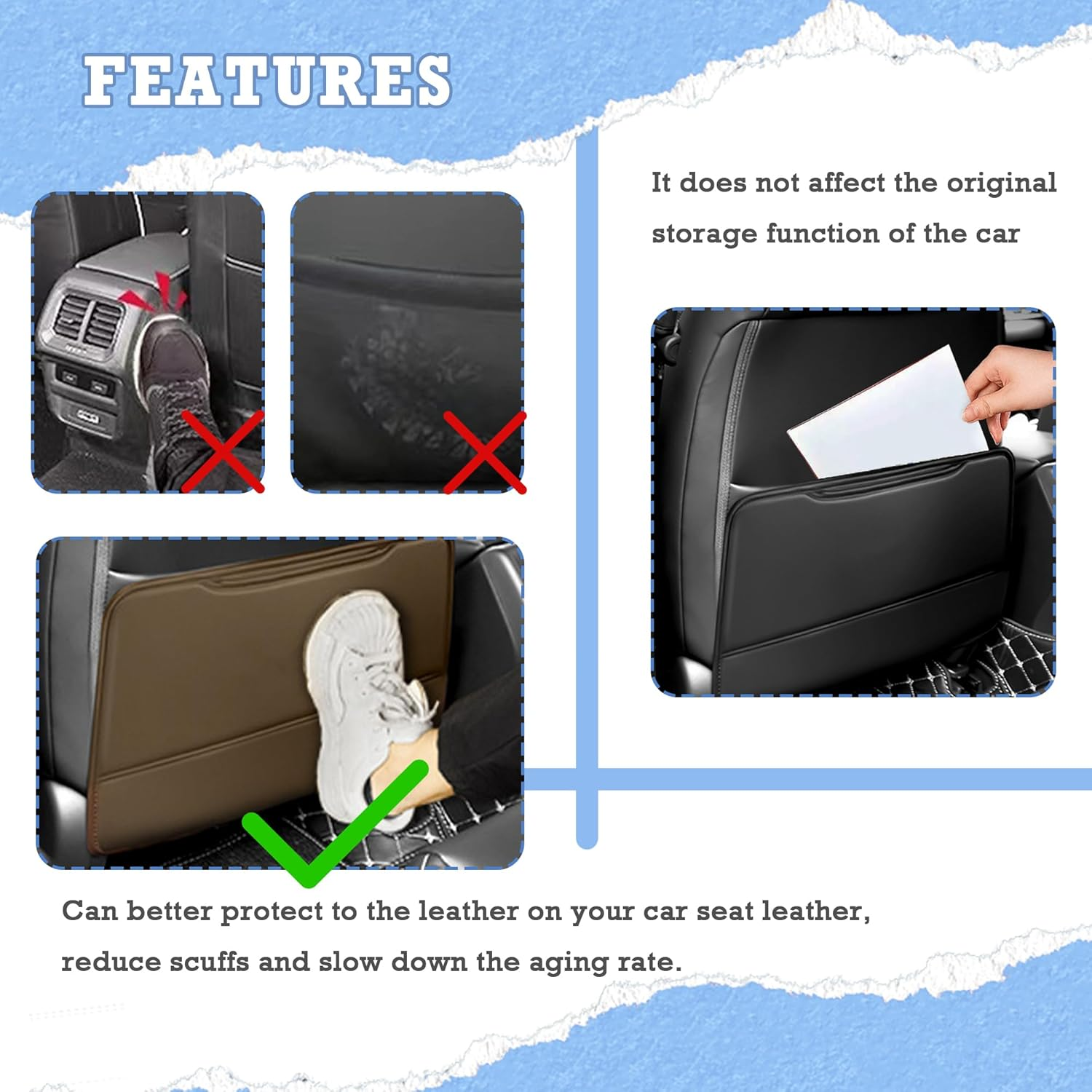 2PCS Leather Kick Mats Back Seat Protector,Storable Car Seat Kick Mats Keeps Car Interior Tidy,Universal Car Back Seat Organizer Car Accessories Fits Cars,Suvs,Trucks (Black) image number 4