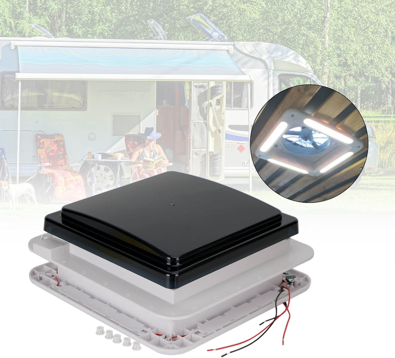 Areyourshop 11" RV Caravan Roof Vent Forward and Reverse Motor RV Fan 12V Skylight W/Light