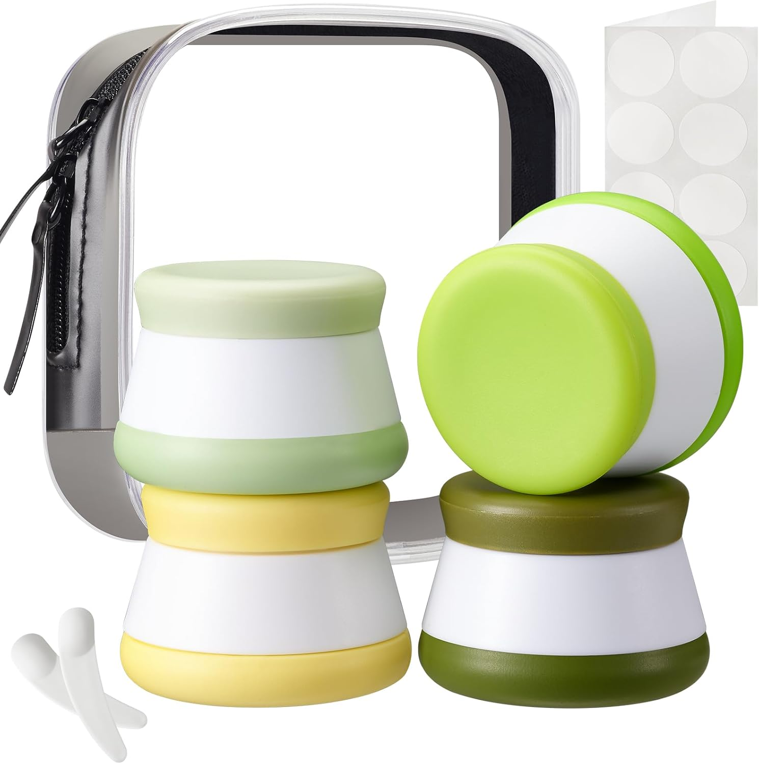 INSFIT Travel Containers for Toiletries, TSA Approved Silicone Cream Jars, Size Containers with Lids, 4PCS BPA Free Leakproof Accessories for Liquid Lotion with Labels & Mini Spatulas