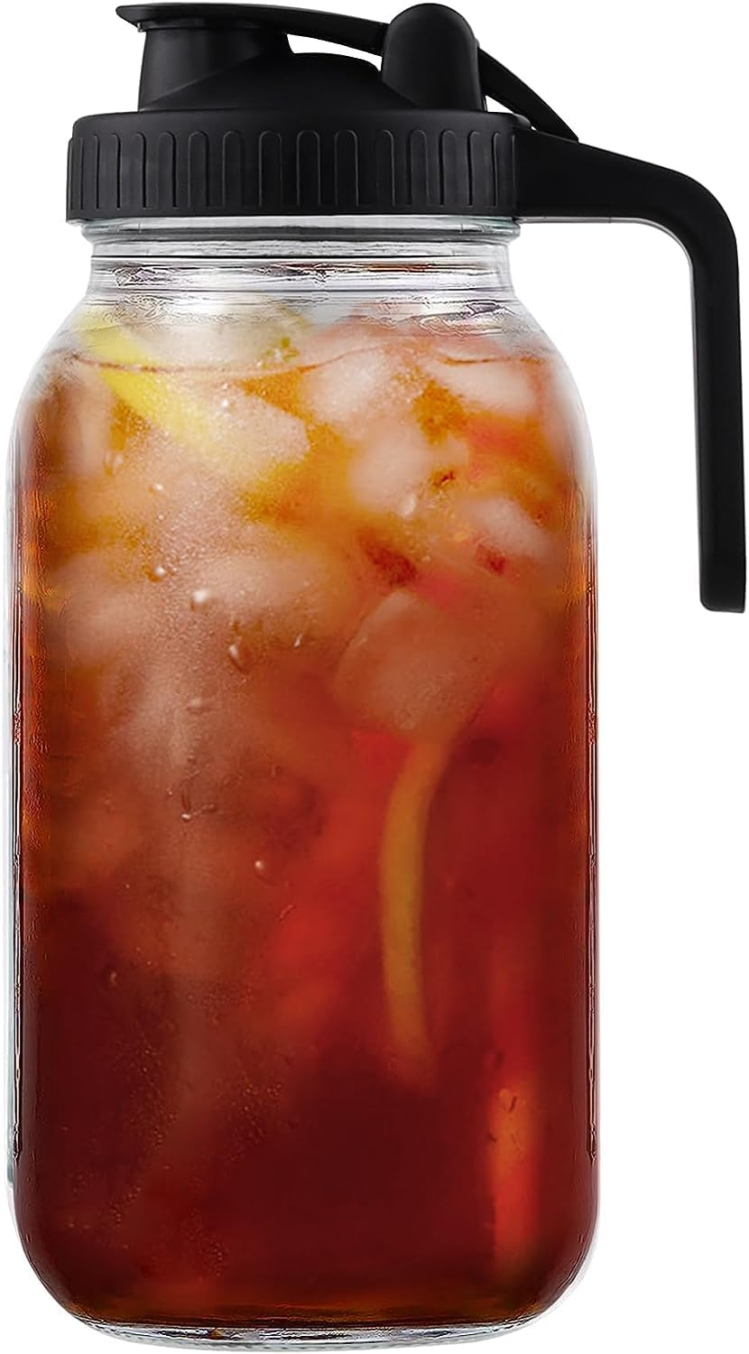 64Oz Wide Mouth Mason Jars Glass Pitcher, 2 Quart Mason Jar Pitcher with Spout, Leak-Proof Jug with Lid, Sun Tea Pitchers for outside Iced Tea, Water, Coffee, Juice, Milk and Drinks (64Oz Black) image number 1