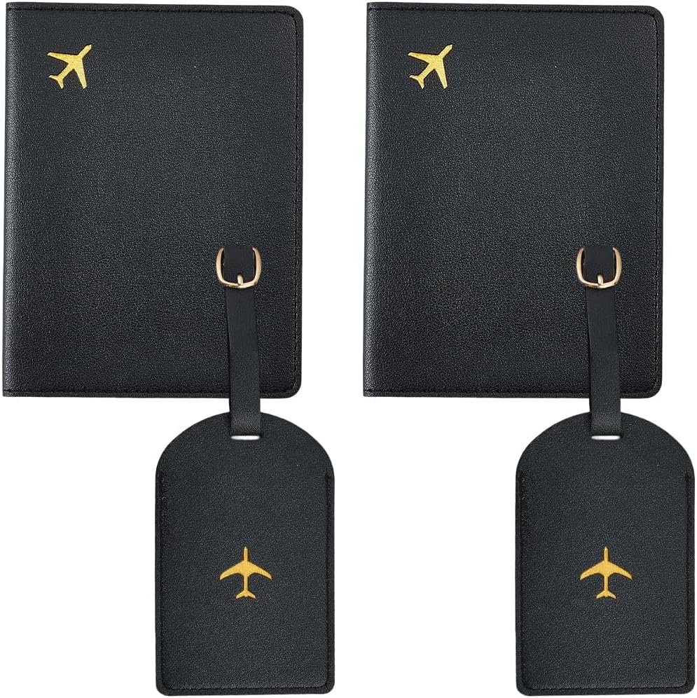 CALFOVERA 2 Sets Metallic Airplane Pattern Luggage Tag Mr and Mrs Honeymoon Passport Wallets Travel Holder PU Leather Black Couple Passport Cover Blocking Card Slots Rfid Case Suitcase for Women Men