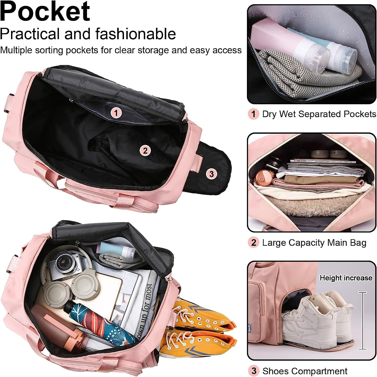 Sports Gym Bag for Women Men,Travel Duffel Bag with Shoes Compartment,Waterproof Weekend Travel Bag Overnight Bag with Trolley Sleeve, Carry Luggage Bag for Weekender,Sports, Gym,Travel (Pink) image number 3