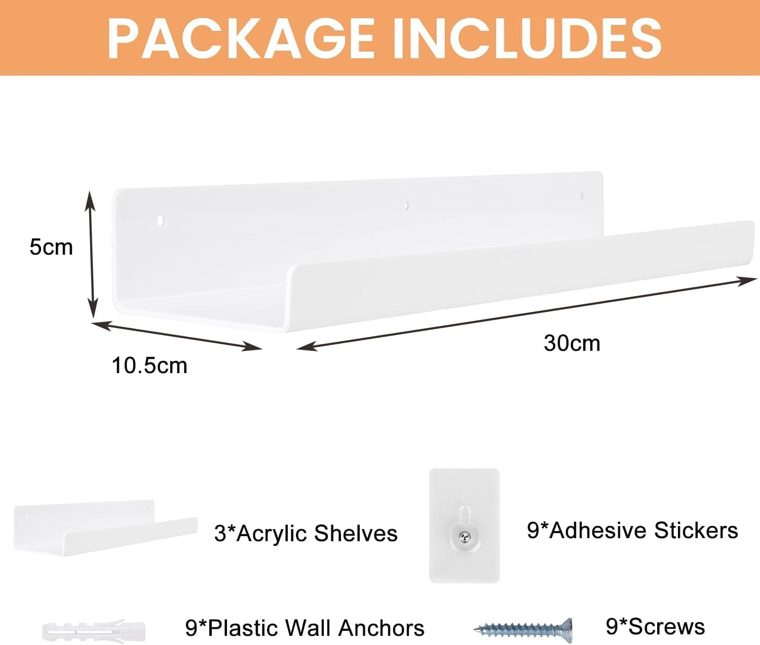 Wall Shelf Floating No Drill, Set of 3 Wall Shelves Set Of, 30 Cm Acrylic Bathroom Shelves Corner Wall Shelf Bedroom Living Room Kitchen Room Decoration image number 6