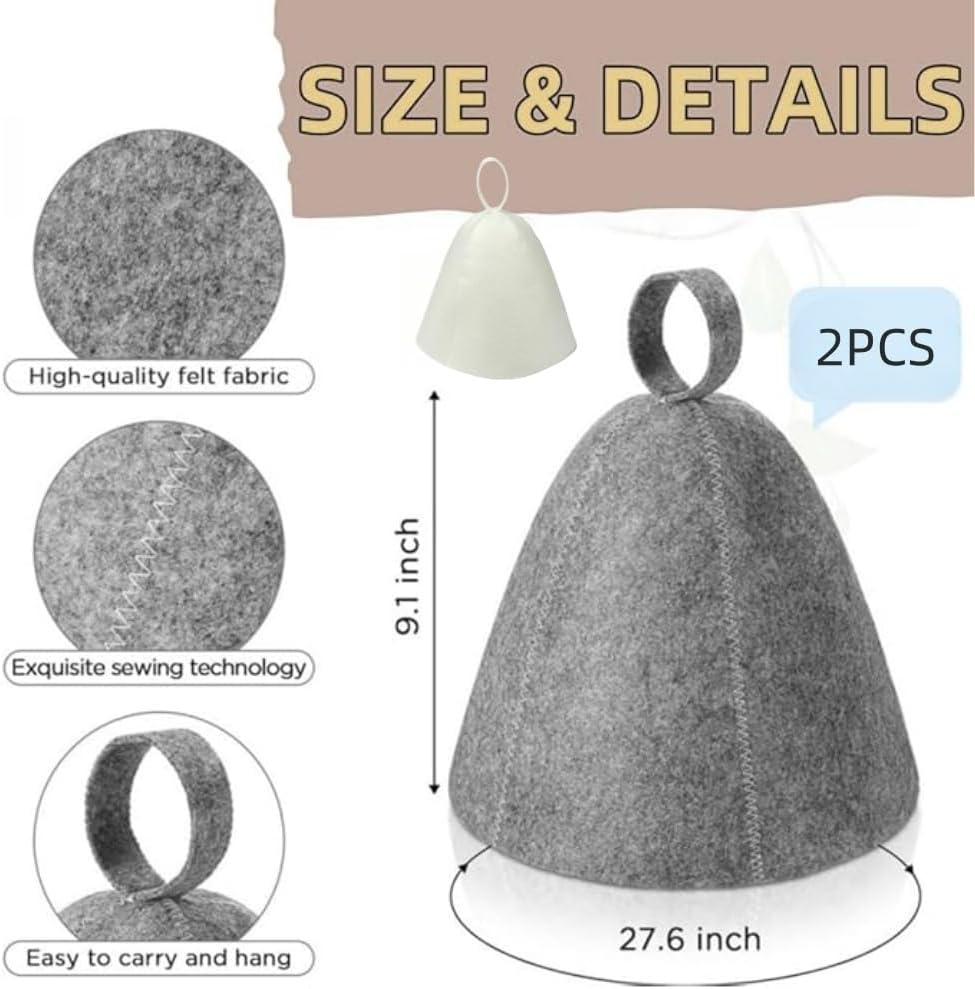 FACAING 2Pcs Wool Sauna Hat for Men and Women - Breathable Cap, Vaporarium and Steam Bath Accessories, Universal Sauna Shower Cap for Spa, Gym and Home Use (Grey and White, One Size) image number 5