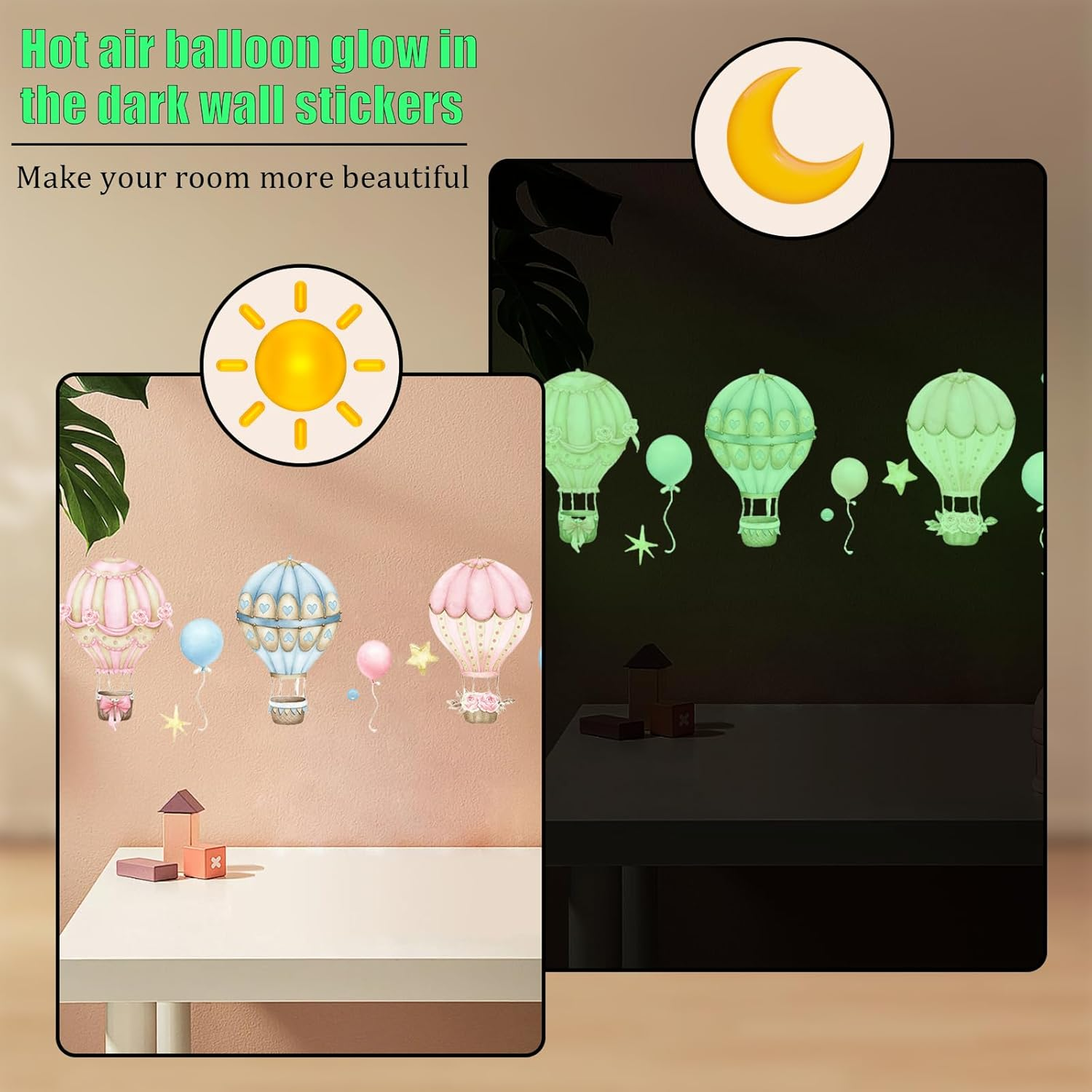 Sgphrzlt 2 PCS Glow in the Dark Hot Air Balloon Nursery Decor Stickers, Vinyl Peel and Stick Wall Decals, Removable Colorful Art Stars Artwork Decoration for Girls Boys Bedroom Playroom Ceiling