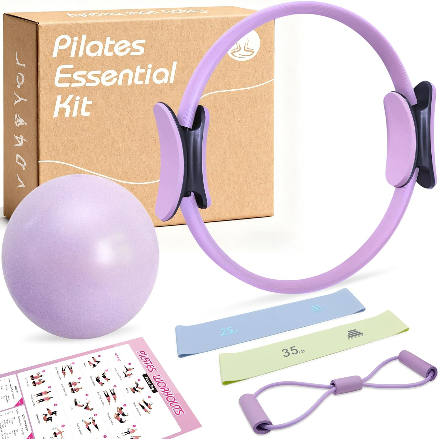 Pilates Ball Ring Home Kit Set - Yoga Essential Equipment Including Pilates Circle, 2 Silicone Resistance Bands, Mini Yoga Ball and Back Opener Rope