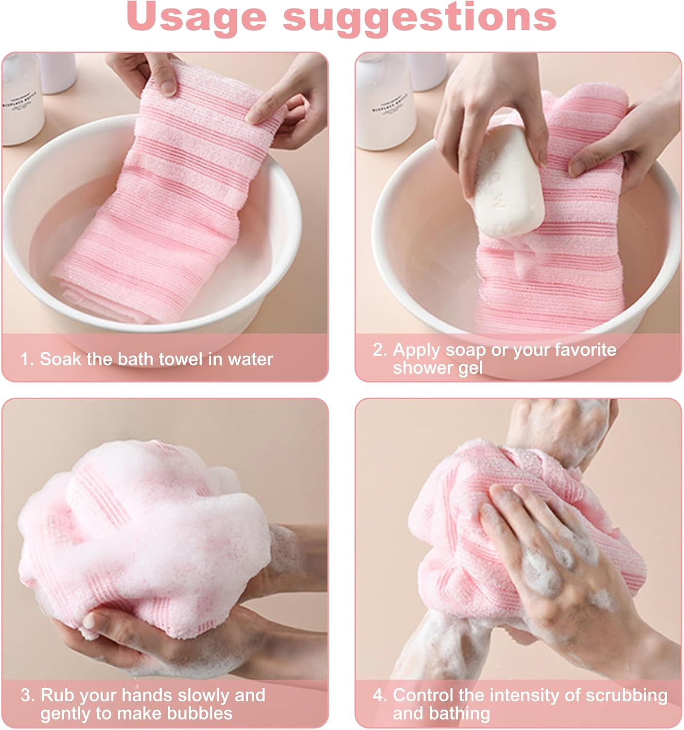 Exfoliating Washcloth Towel 2 Pcs Body Scrubber Back Scrubber for Shower Japanese 40 Inches Bath Tool Wash Cloth Korean Exfoliation Luffah Towel Net Sponge Loofah Body Scrub for Men Women Skin Care image number 6