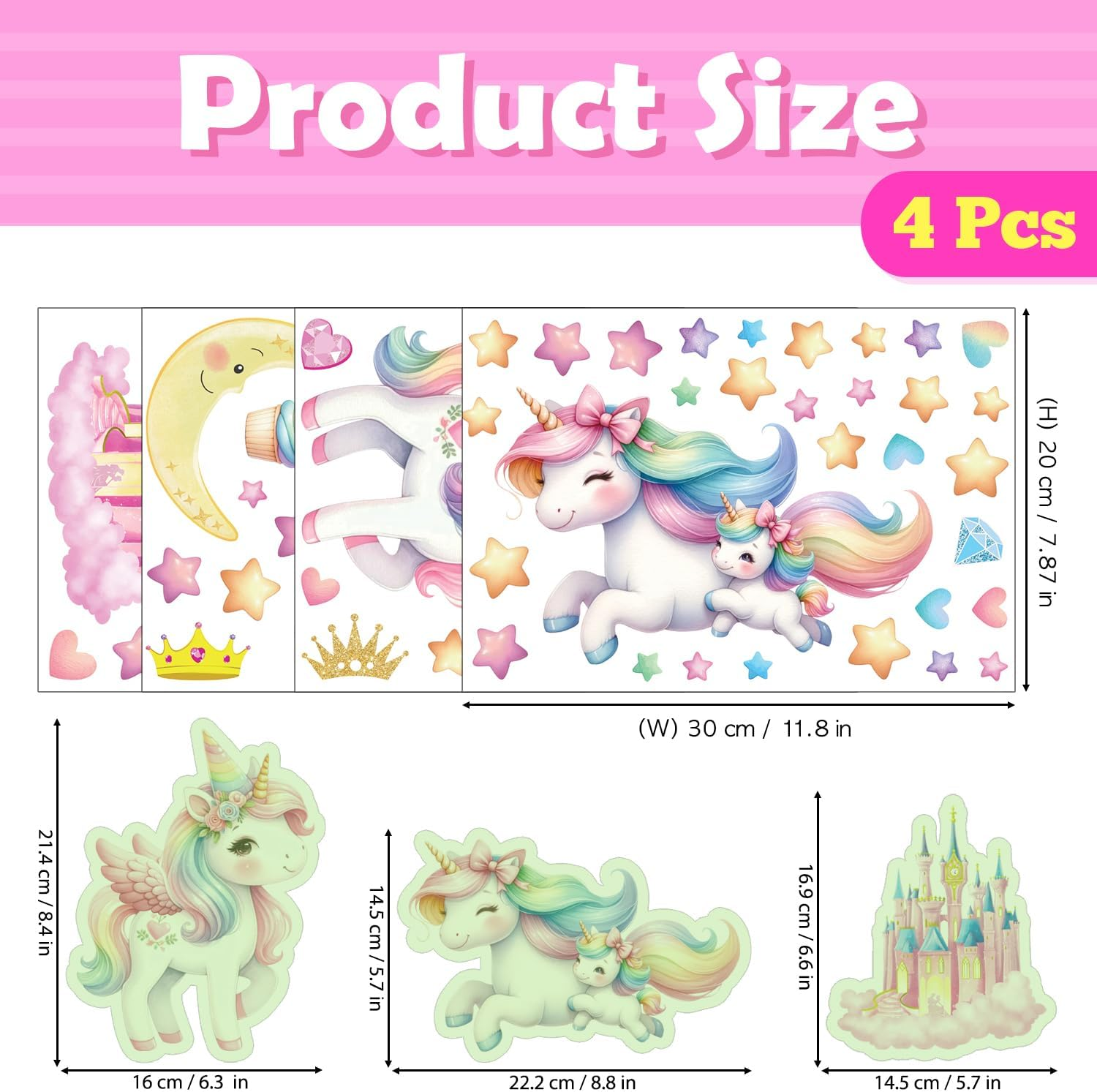 DECOWALL GDS4-8089 Glow in the Dark Unicorn Wall Stickers Decals Kids Stars Glowing Castle Moon Rainbow image number 4