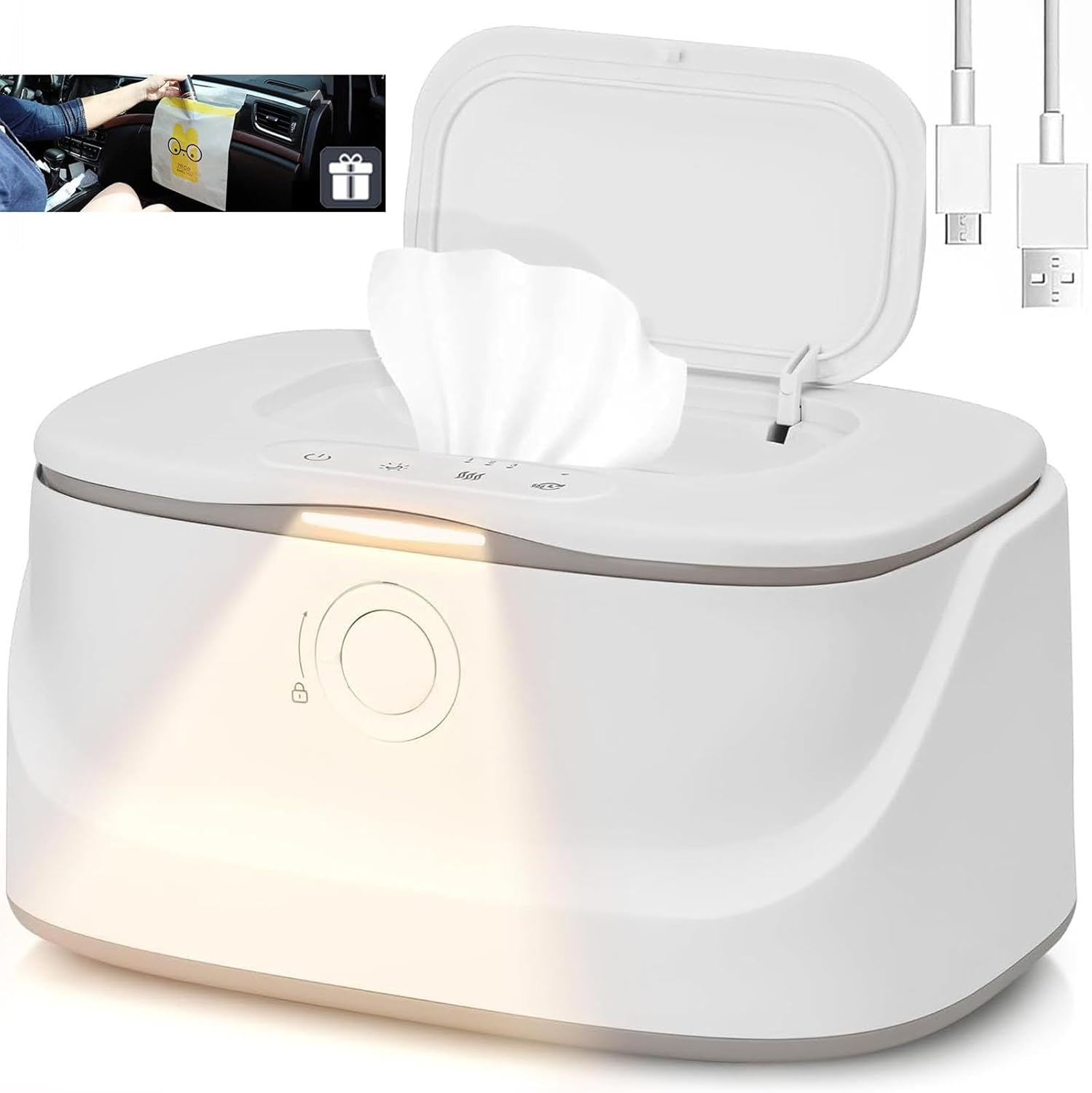 ◉ Baby Wipe Warmer, Innovative Spring Design, Large Capacity Wipes Dispenser with 3 Temperature Modes | Night Light | USB Powered | Fast & Even Heating | Newborn Essentials for Home Car Travel