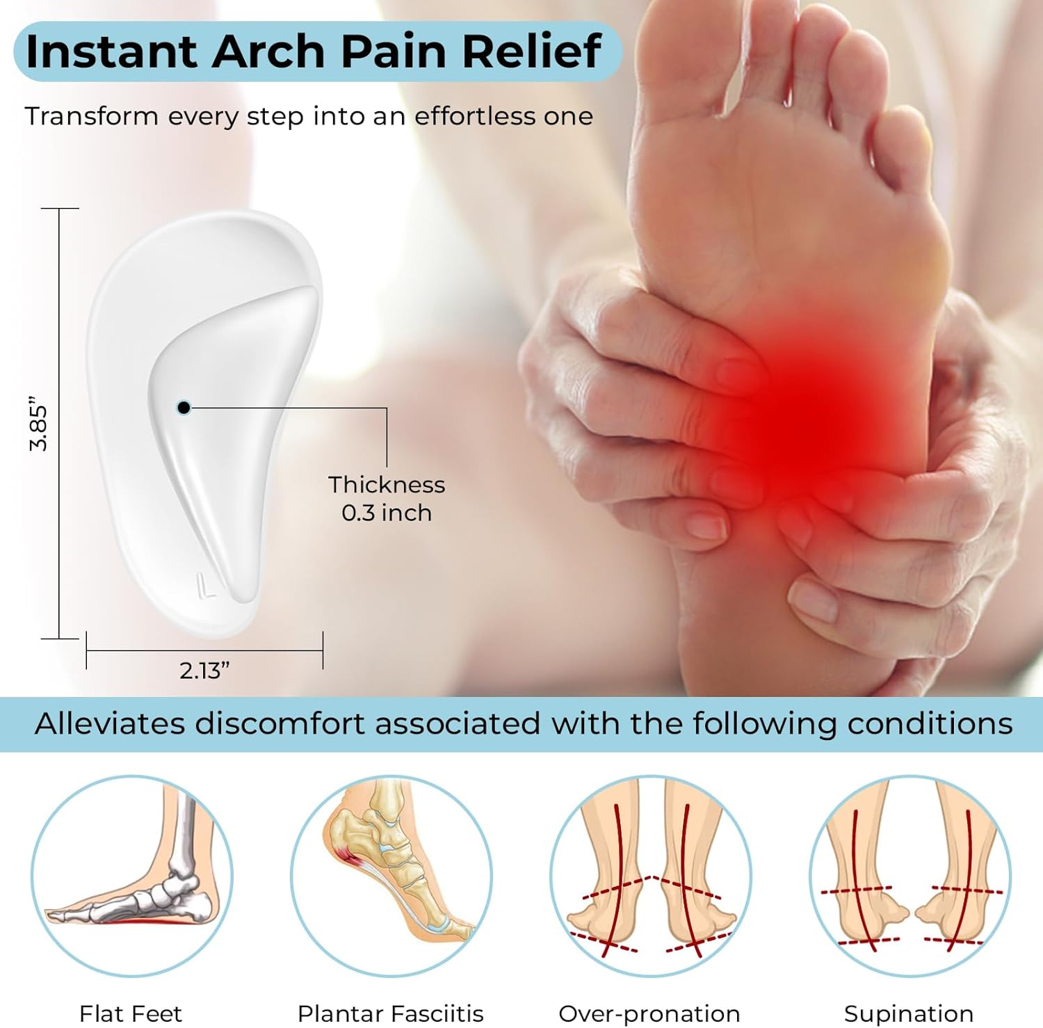 Reusable Arch Support Inserts for Plantar Fasciitis Relief, Self-Adhesive Arch Support Insoles for Flat Feet, Thicken Gel Foot Arch Support Insoles for Women and Men to Relieve Feet Pressure- 5 Pairs image number 2