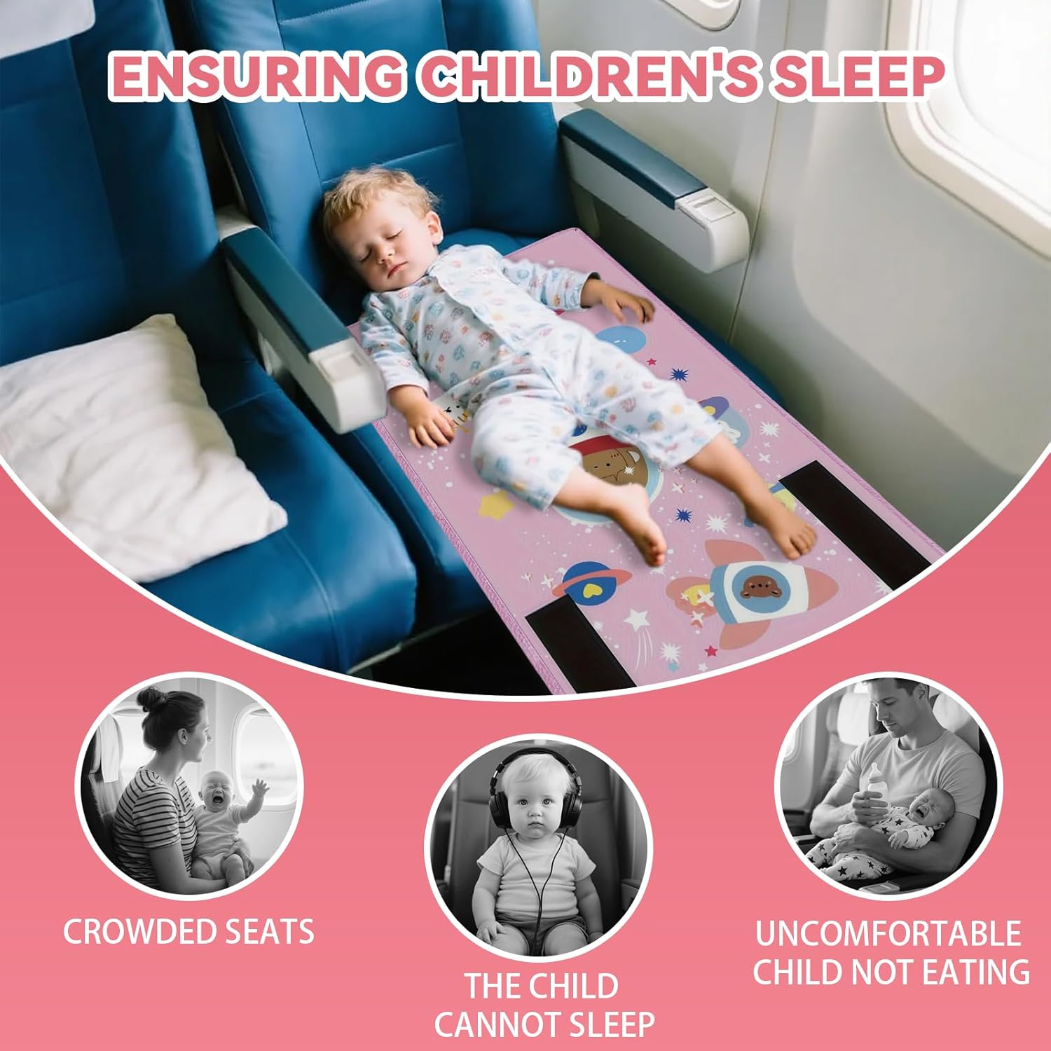 Airplane Travel Bed for Kids Foldable Airplane Bed For77*44Cm Airplane Seat Extender for Travel Waterproof Lightweight Airplane Foot Hammock for All Airplane Seats（Pink） image number 2