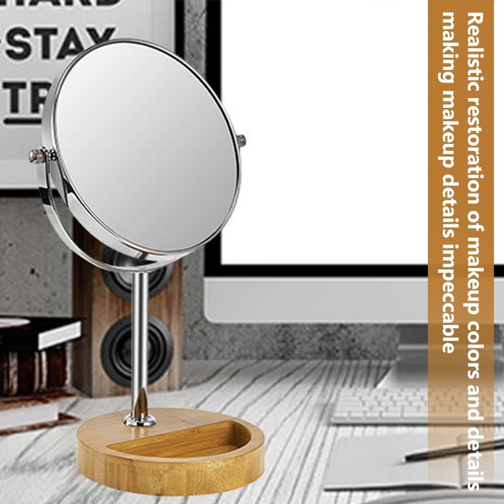 7 Inch Double-Sided Vanity Makeup Mirror with 1X/3X Magnification, 360&deg; Swivel round Tabletop Mirror with Natural Bamboo Stand and Storage Tray for Bathroom or Bedroom image number 4