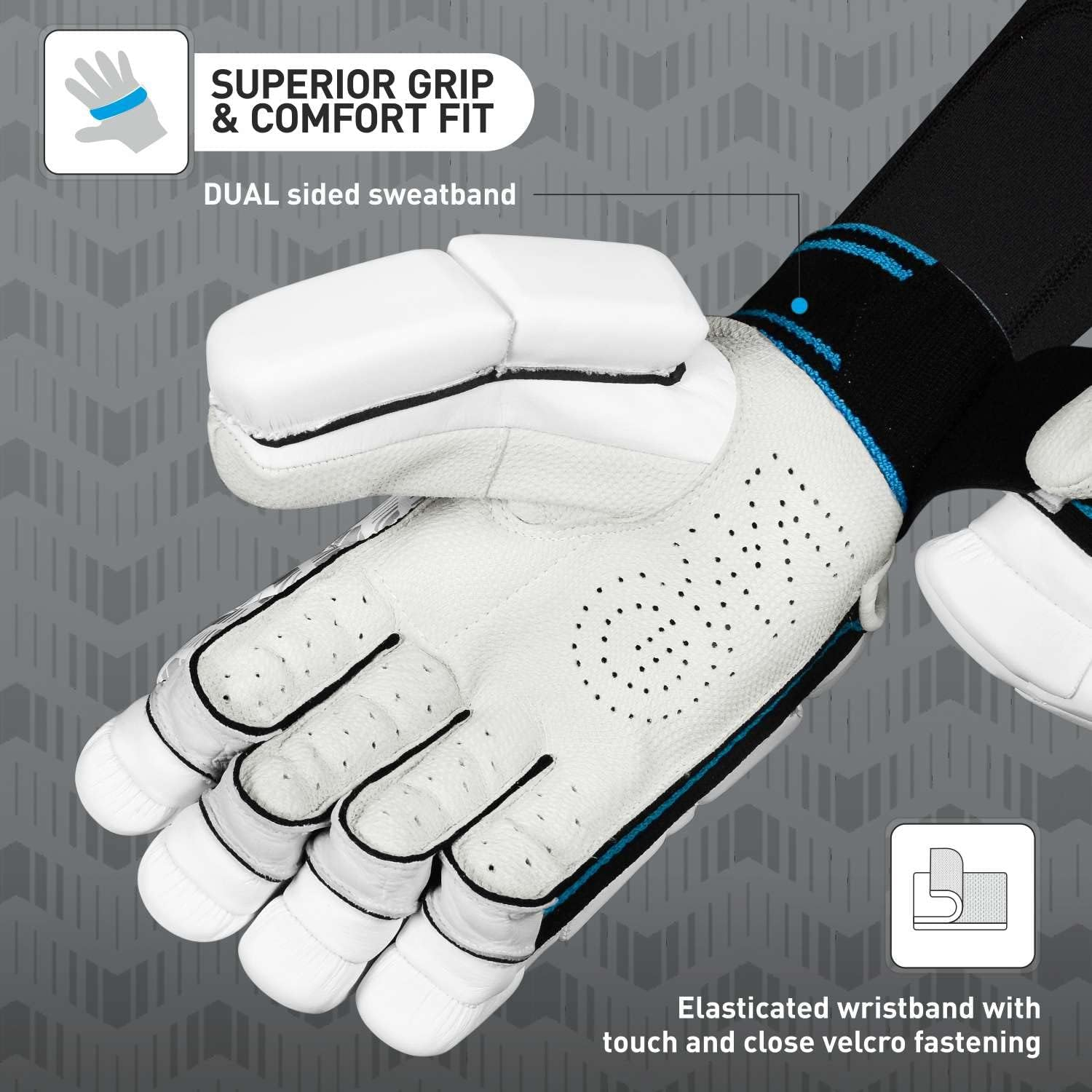 GM Diamond Original L.E Cricket Batting Gloves with English Pittard Leather Palm for Men Left Handed | Ergonomically Designed | Highest Protection | Utmost Comfort | Colour: White/Black/Blue image number 6