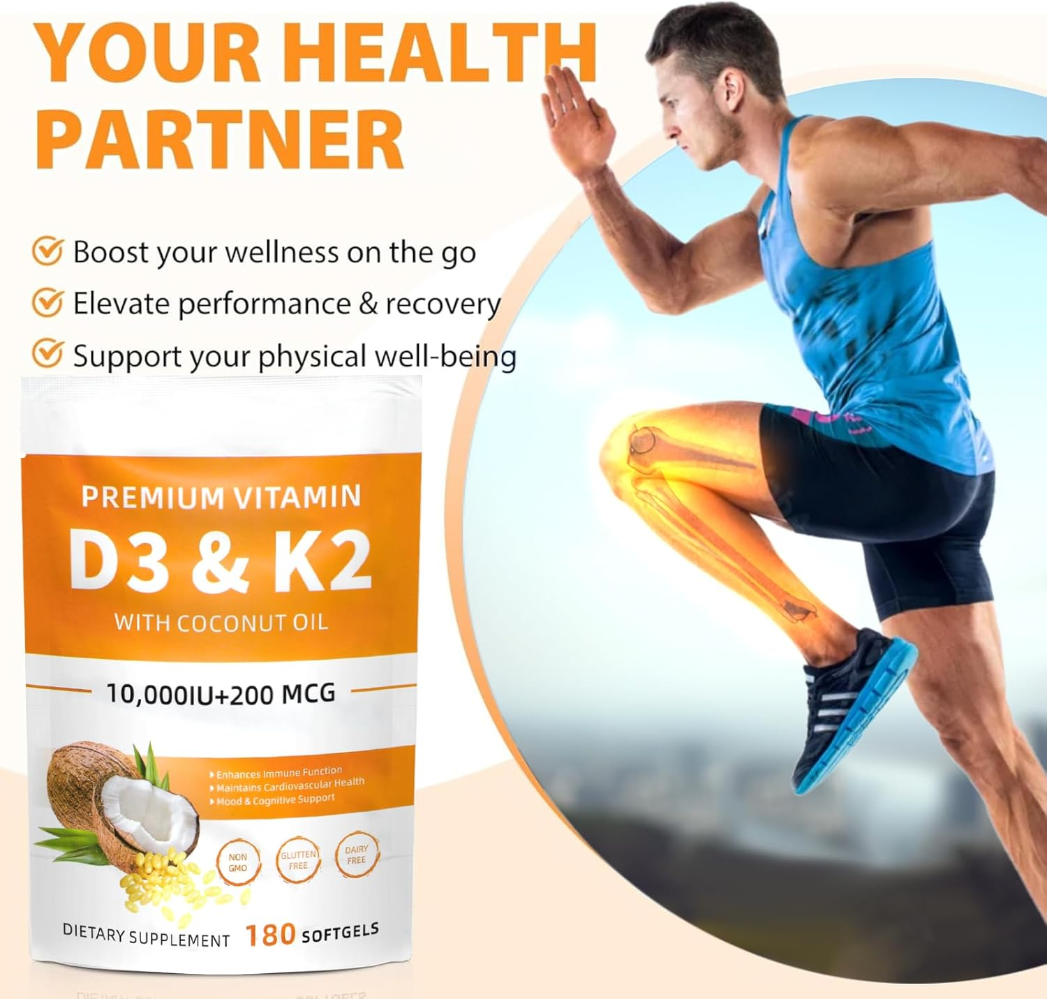 Vitamin D3 K2 Supplement Softgels, 180 Softgels, 2 in 1 Vitamin D3 with K2,Vitamins D3 K2 10,000 IU Supplement Coconut Oil Softgels, GMO Gluten and Sugar Free,Protects Bone and Cardiovascular Health image number 5