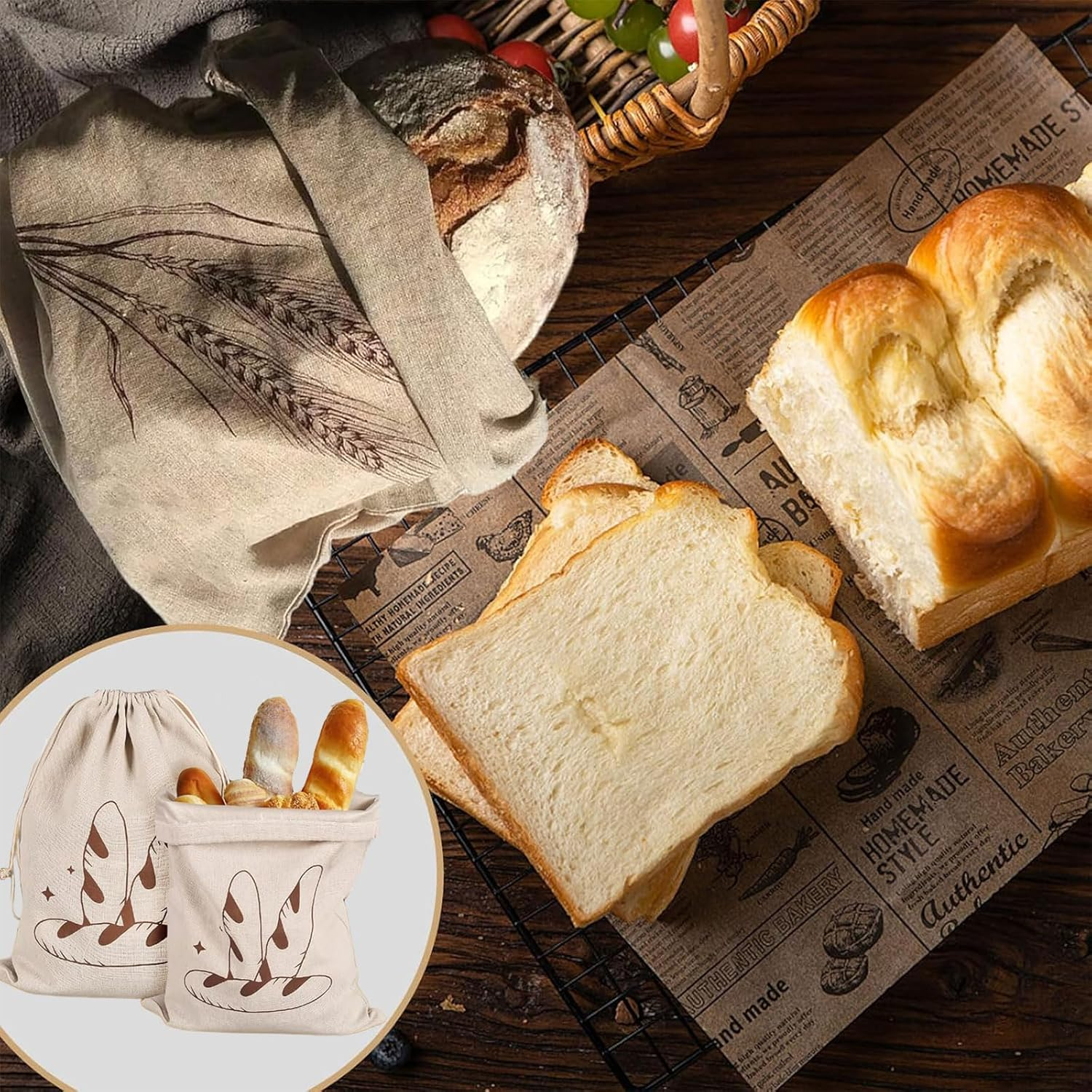 MYTOAU 3 Pcs Linen Bread Bags,Unbleached Bread Bags for Homemade Bread Container,Food Storage Bags,15.7&times;11.8Inches Reusable Bread Storage Bags, Natural Large Storage for Artisan Bread image number 2