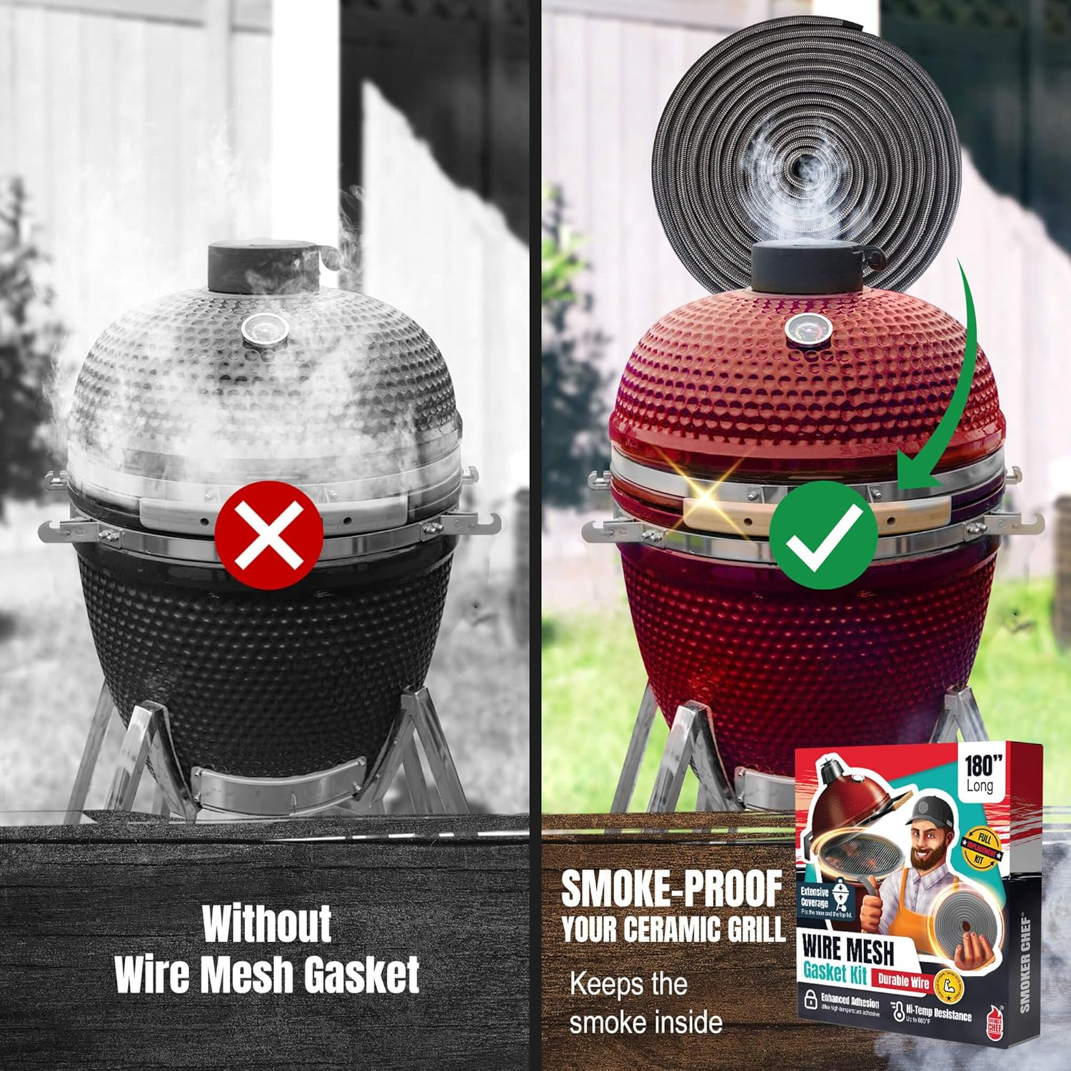 Wire Mesh Gasket Compatible with Kamado Joe - 180" Fiberglass Kamado Joe Gasket Replacement Kit - Fit for Big Green Egg - Kamado Joe Accessories & Replacement Parts - Smoker Gasket Seal by Smoker Chef image number 2